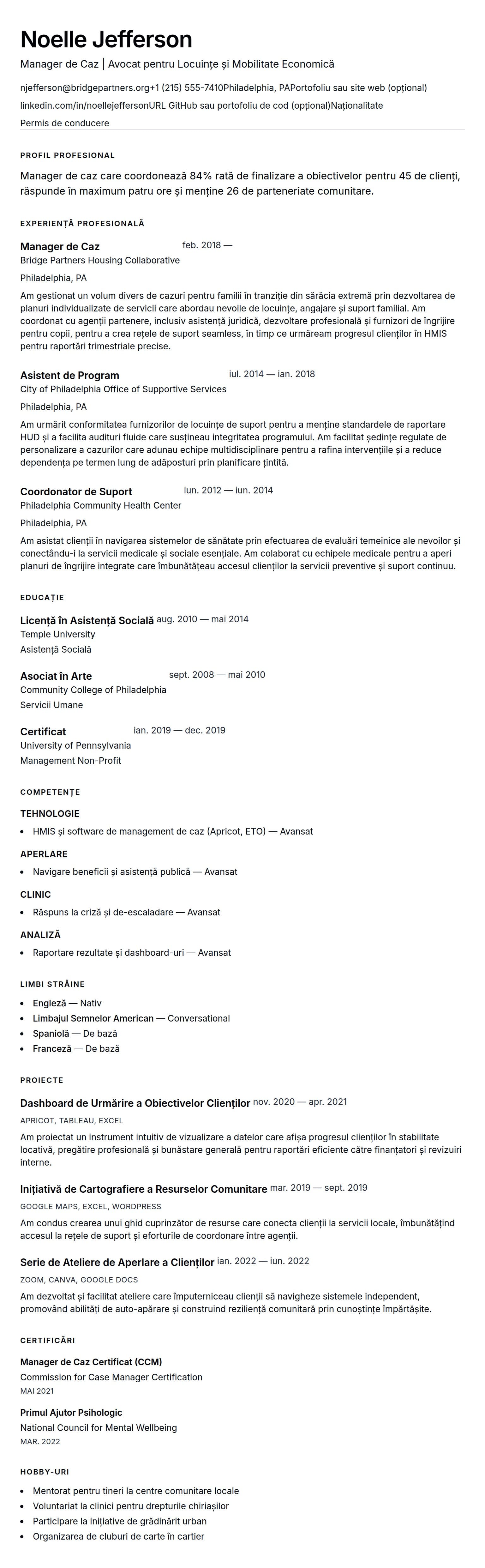 Previzualizare CV pentru Exemplu de CV pentru Manager de Caz