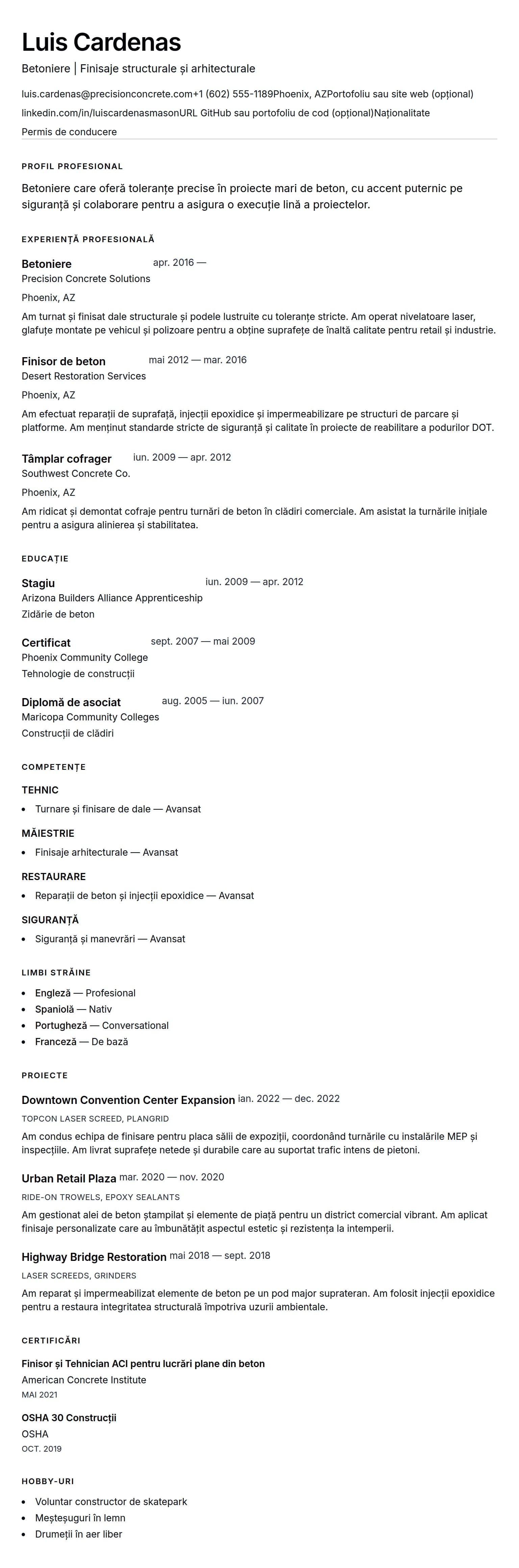 Exemplu de CV pentru Betoniere
