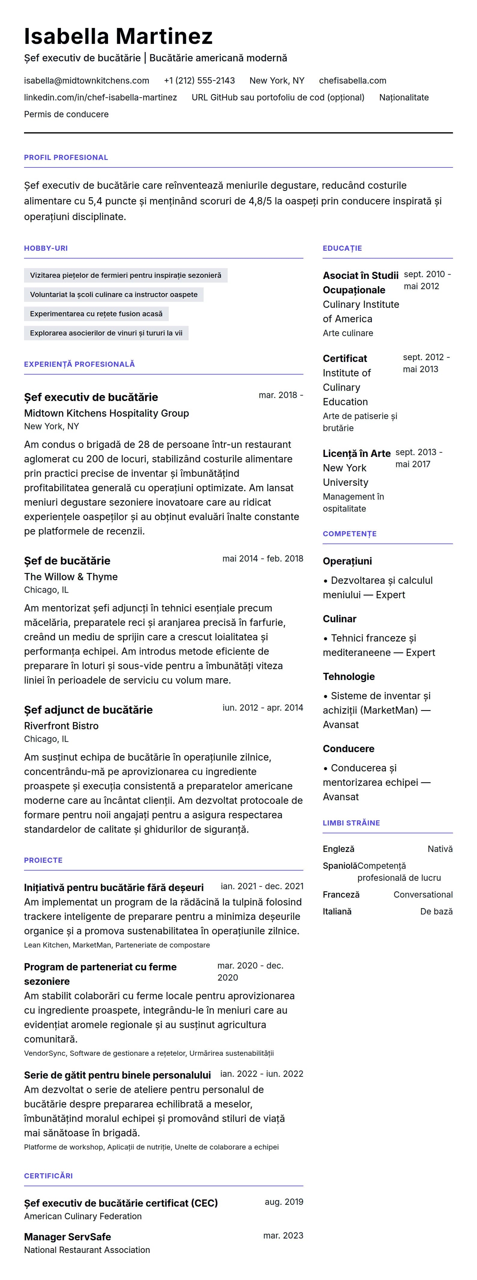 Previzualizare CV pentru Exemplu de CV pentru șef de bucătărie