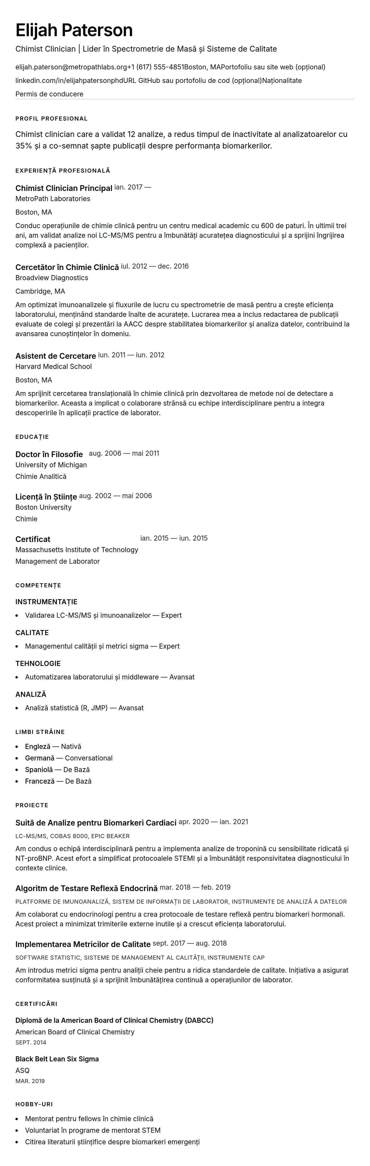 Exemplu de CV pentru Chimist Clinician