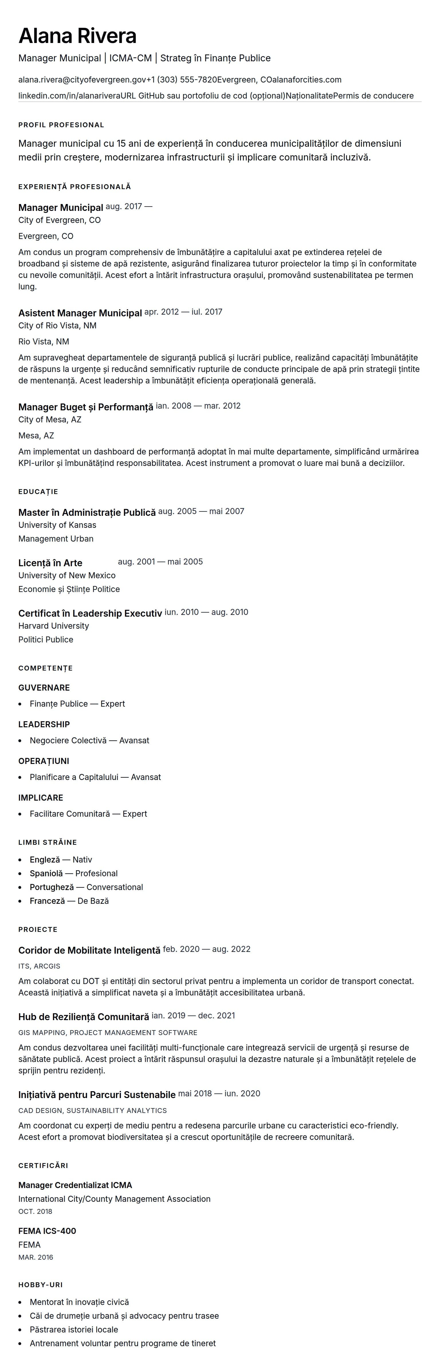 Exemplu de CV pentru Manager Municipal