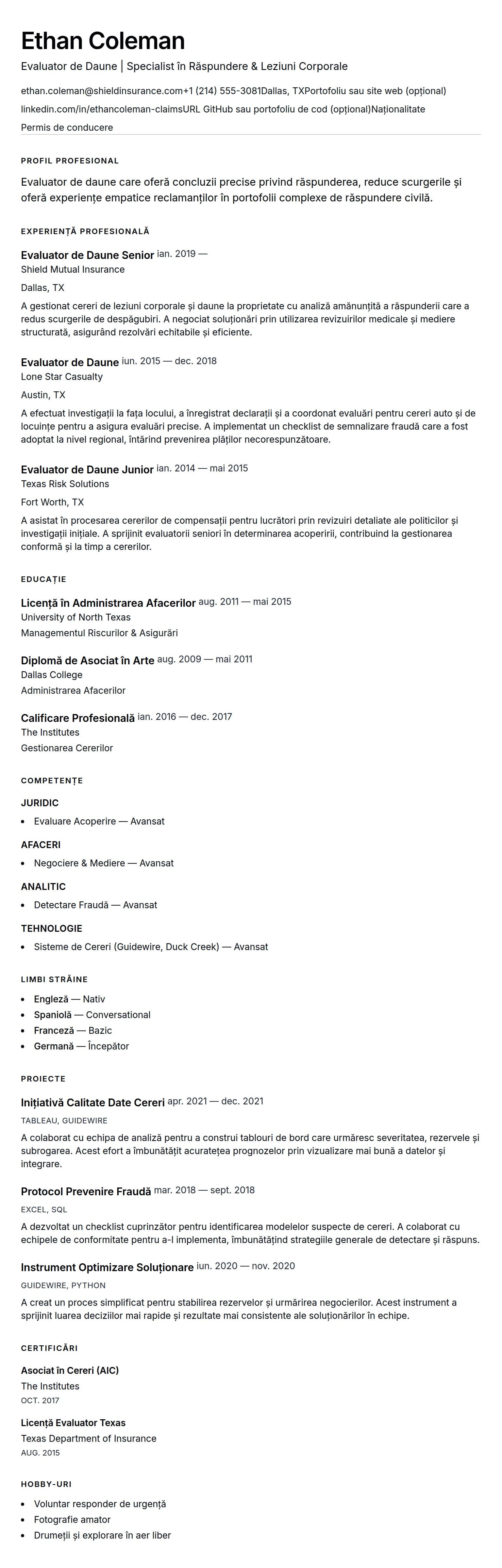 Previzualizare CV pentru Exemplu de CV pentru Evaluator de Daune
