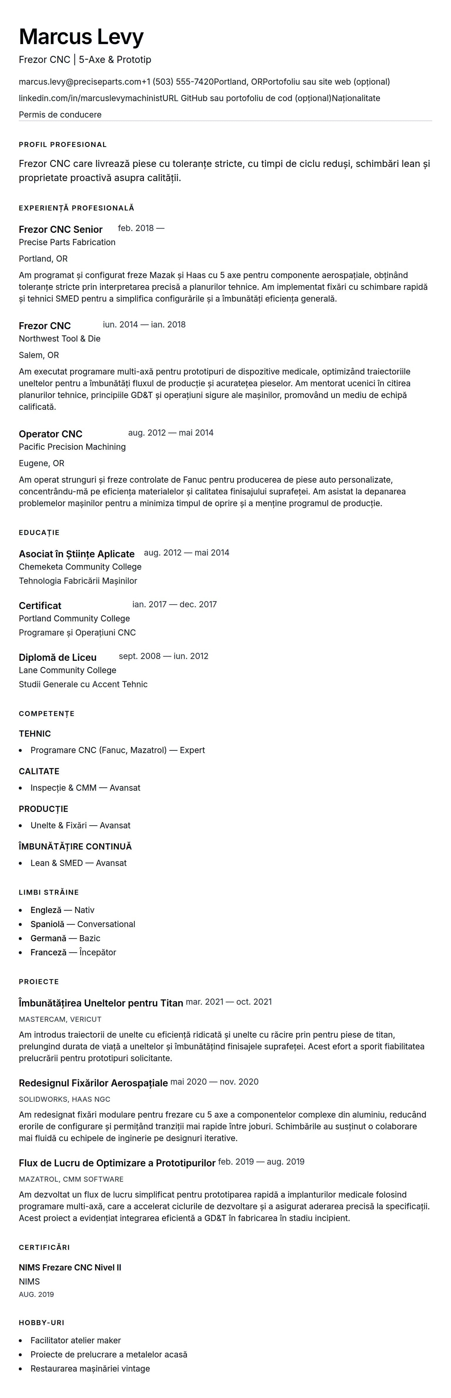 Exemplu de CV Frezor CNC