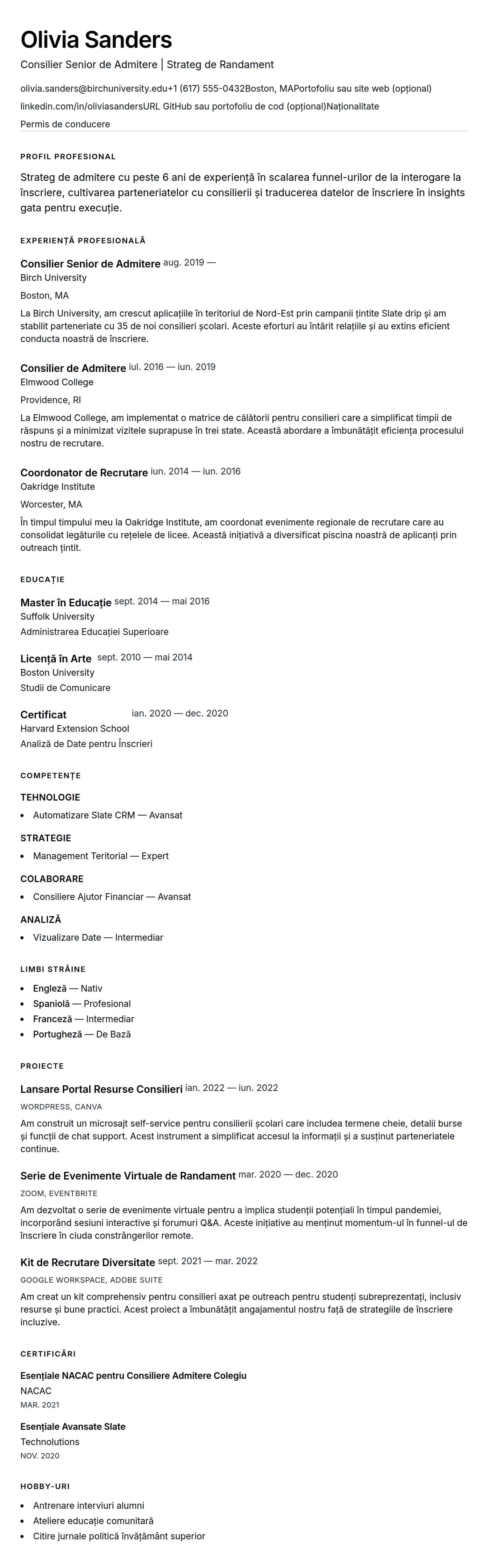 Exemplu de CV pentru Consilier de Admitere Universitară