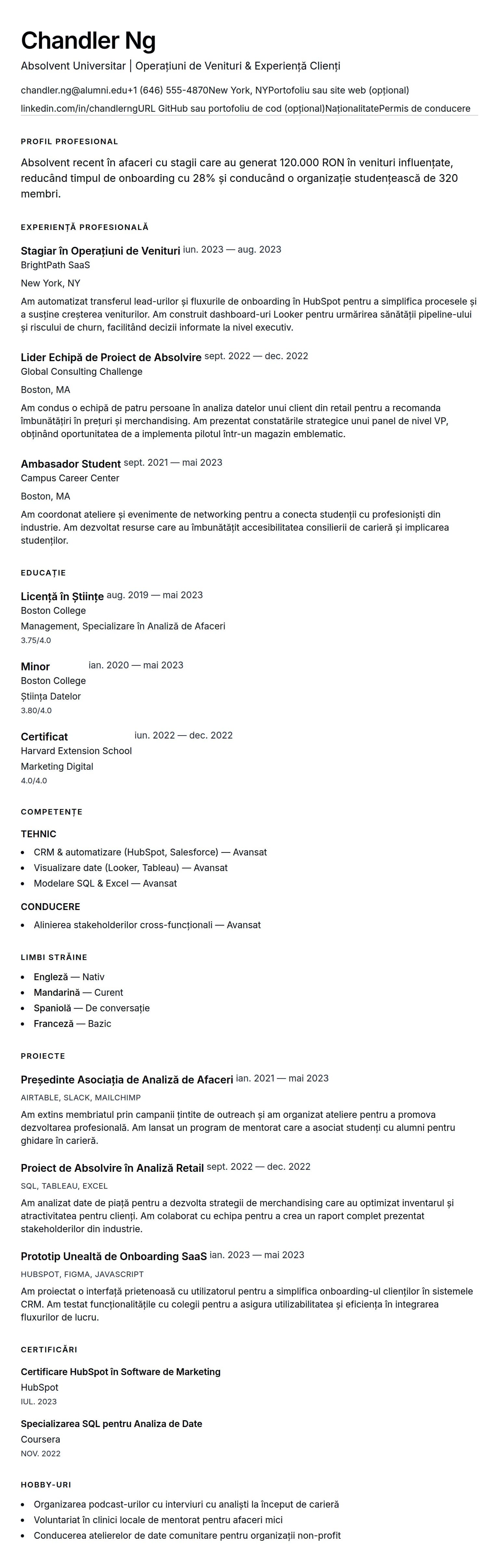 Exemplu de CV pentru Absolvent Universitar