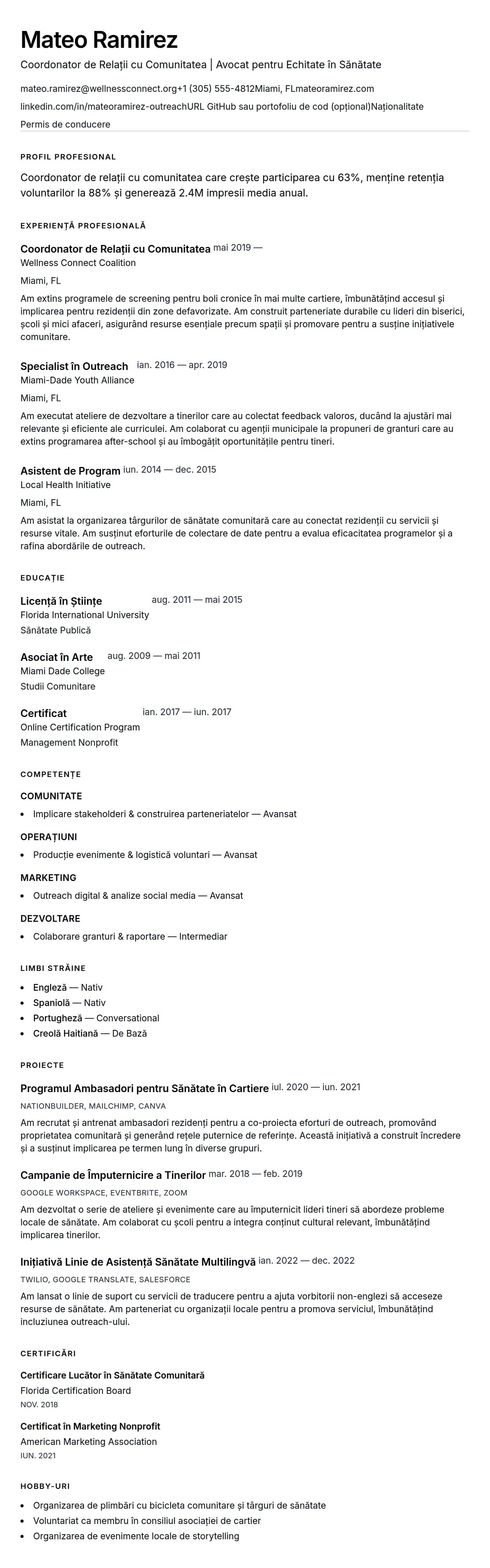Exemplu de CV pentru Coordonator de Relații cu Comunitatea
