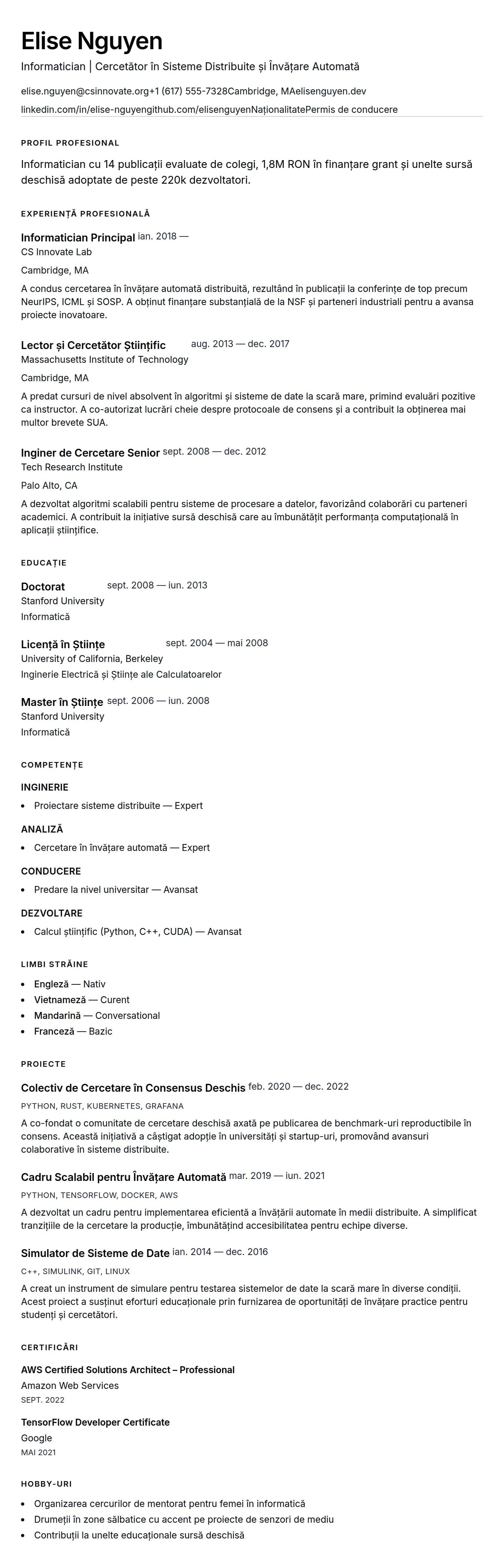 Exemplu de CV pentru Profesionist în Informatică