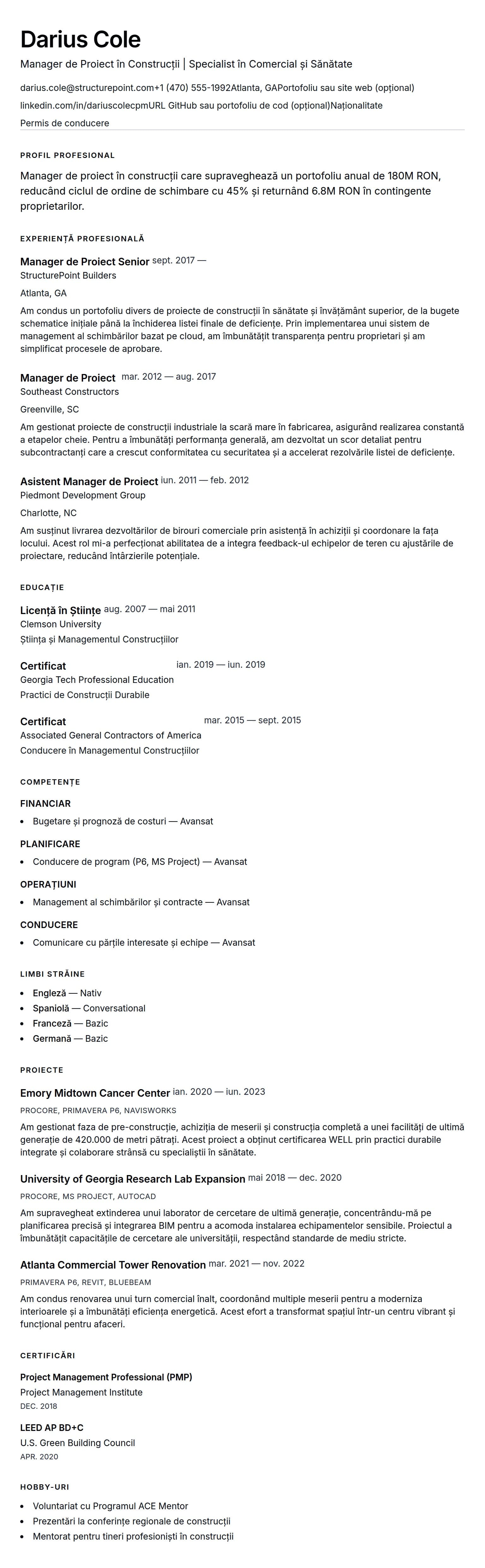 Previzualizare CV pentru Exemplu de CV pentru Manager de Proiect în Construcții
