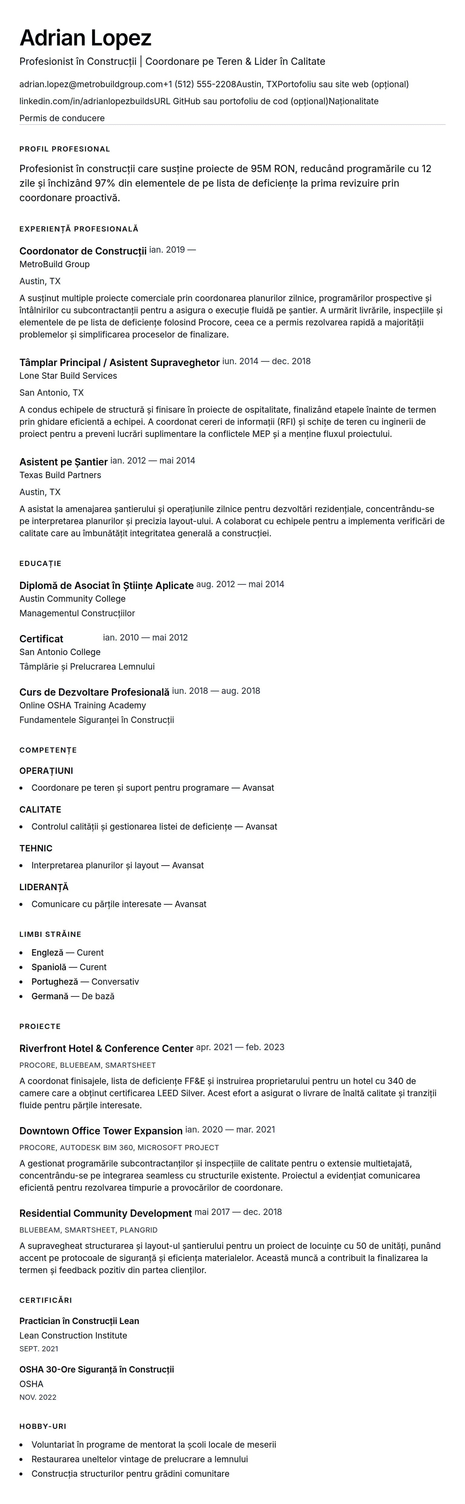 Exemplu de CV pentru Profesionist în Construcții