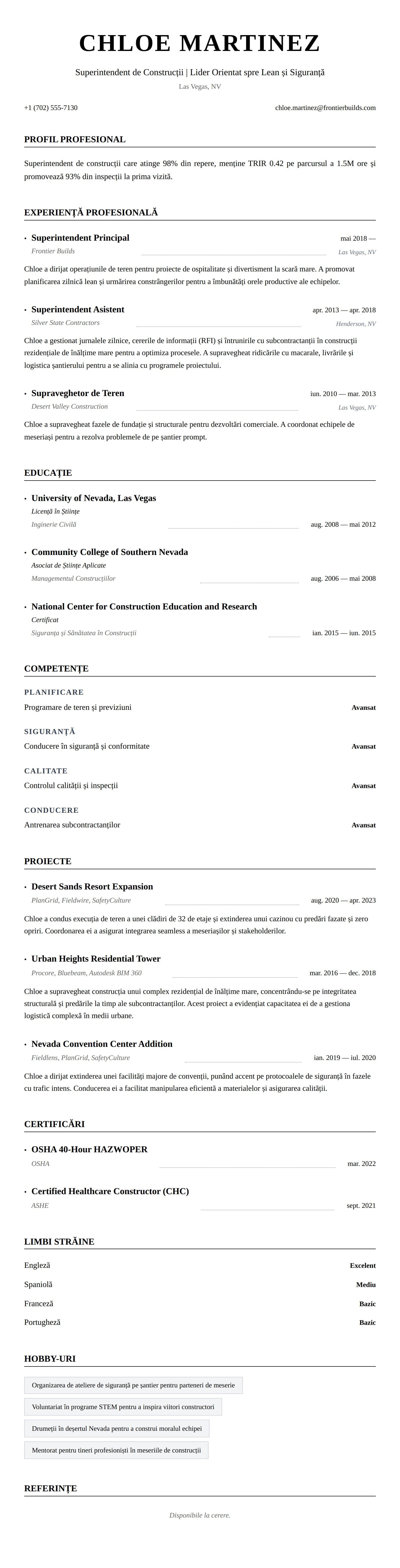 Exemplu de CV pentru Superintendent de Construcții