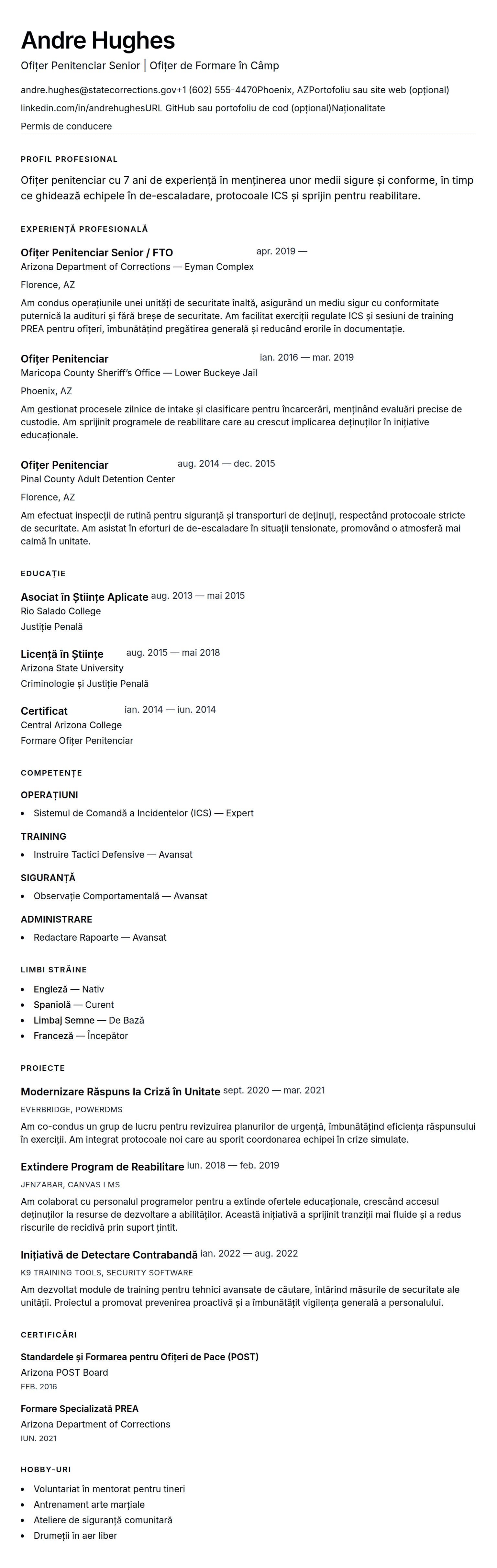 Exemplu de CV pentru Ofițer Penitenciar