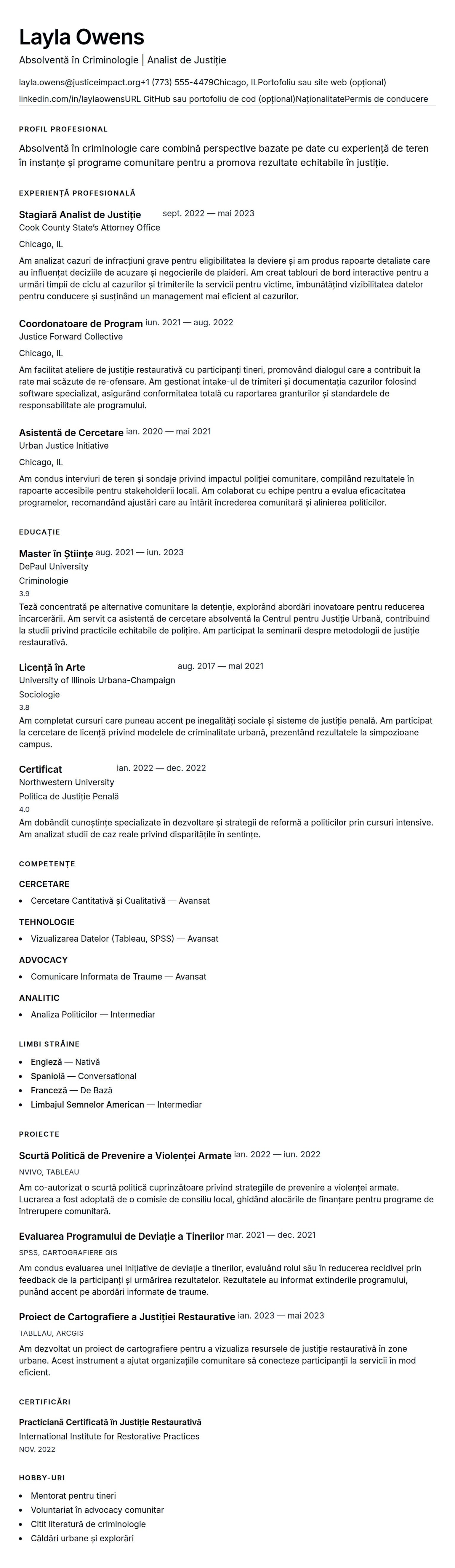 Exemplu de CV pentru Absolventă în Criminologie