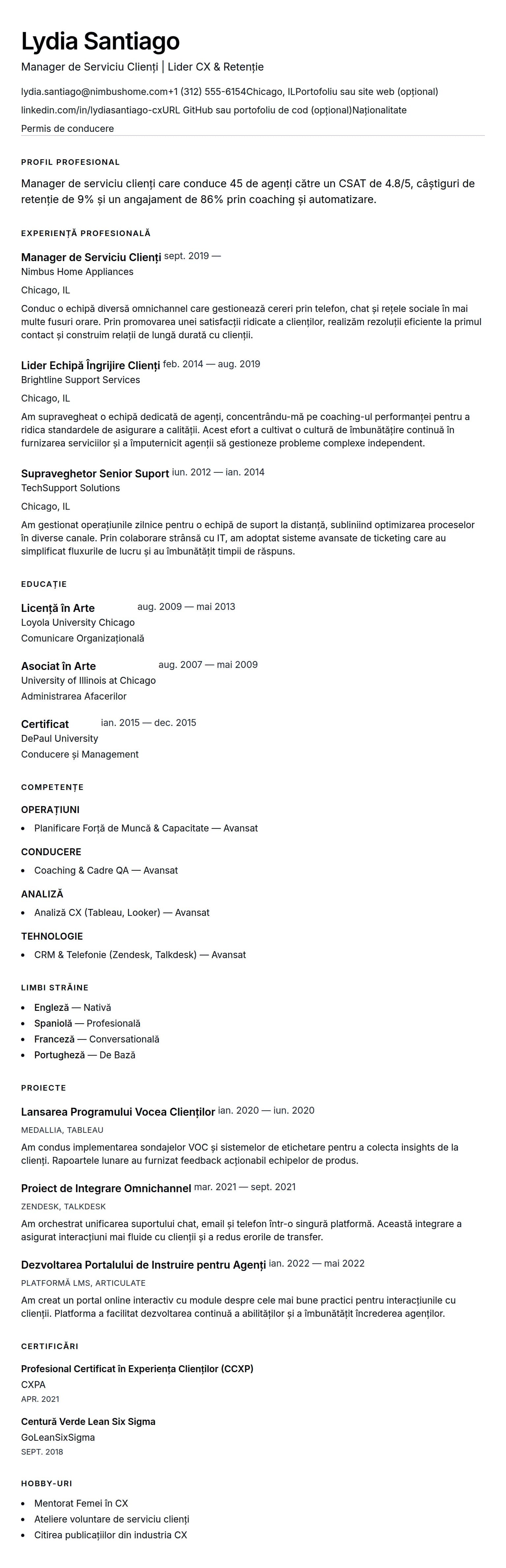 Previzualizare CV pentru Exemplu de CV pentru Manager de Serviciu Clienți