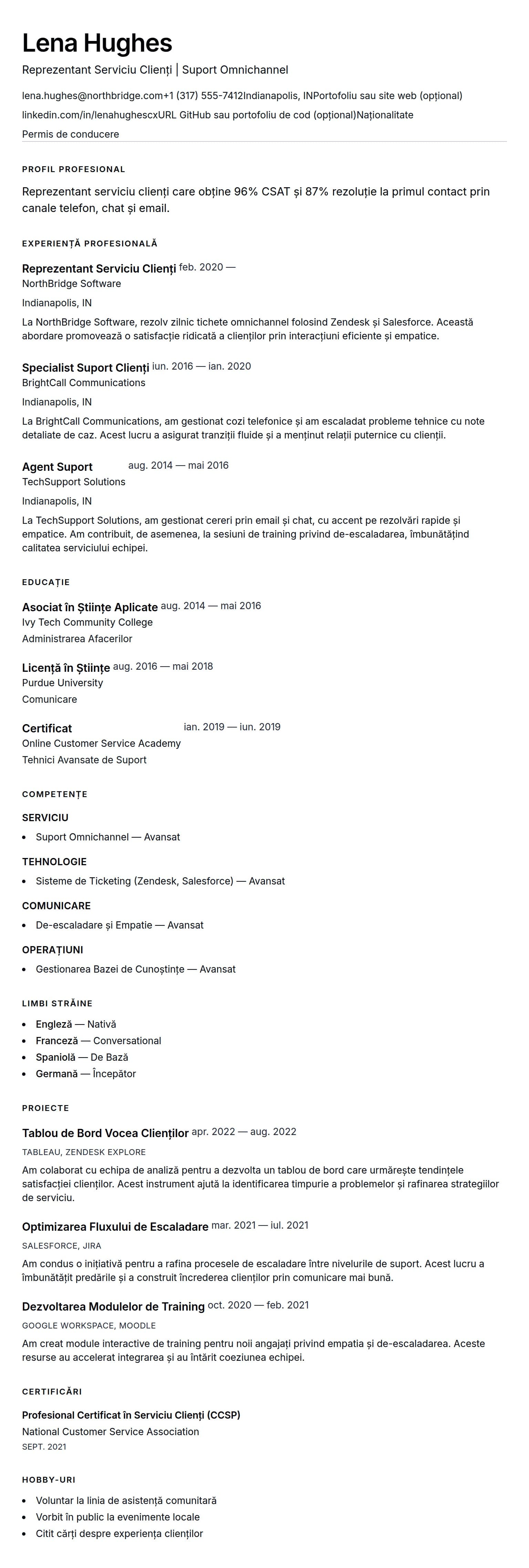 Exemplu de CV pentru Reprezentant Serviciu Clienți
