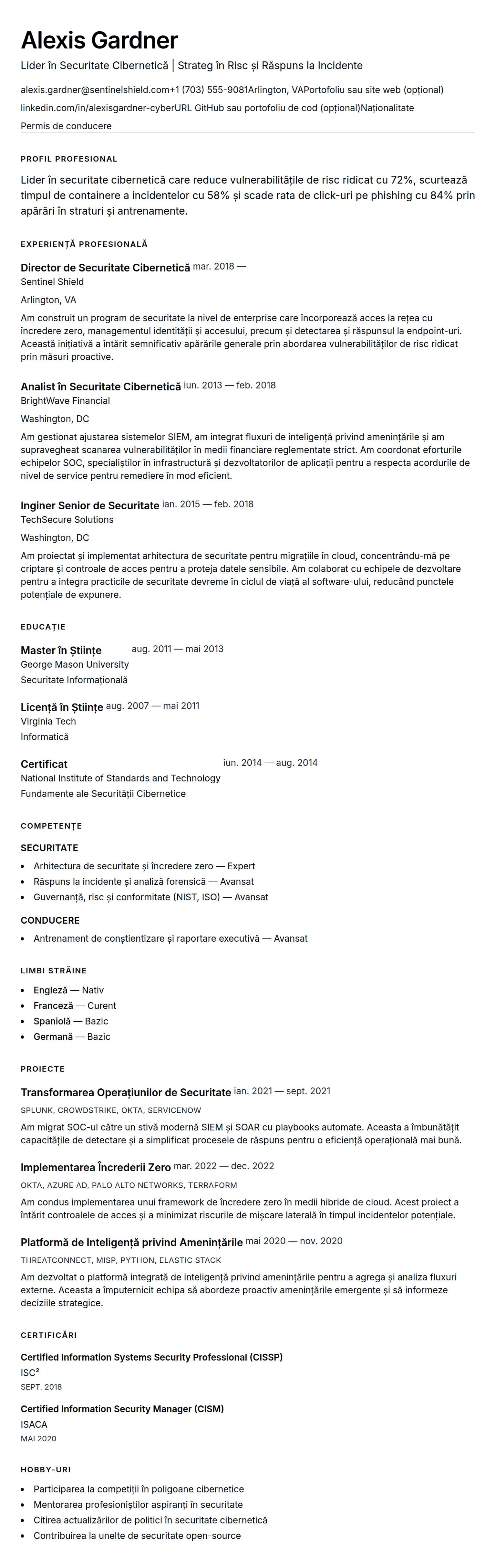 Previzualizare CV pentru Exemplu de CV pentru Profesionist în Securitate Cibernetică