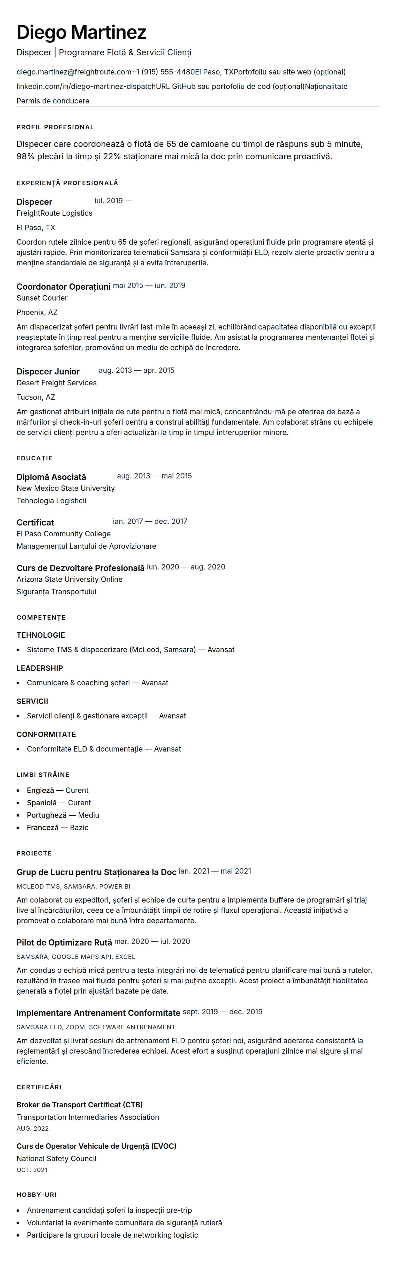 Previzualizare CV pentru Exemplu de CV pentru Dispecer