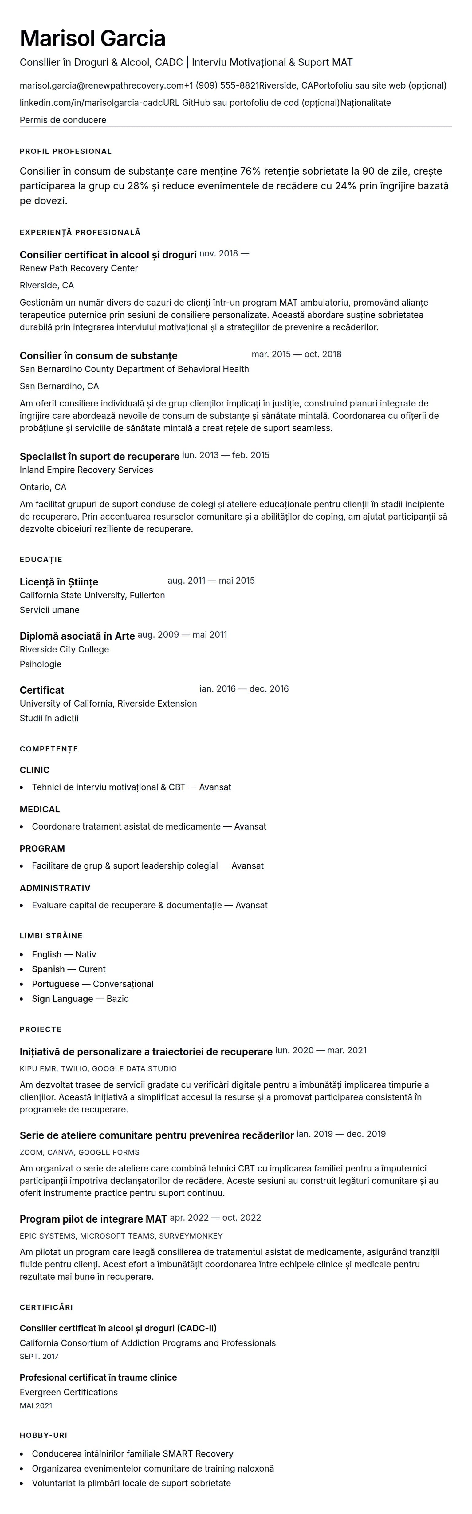 Exemplu de CV pentru consilier în dependențe de droguri și alcool