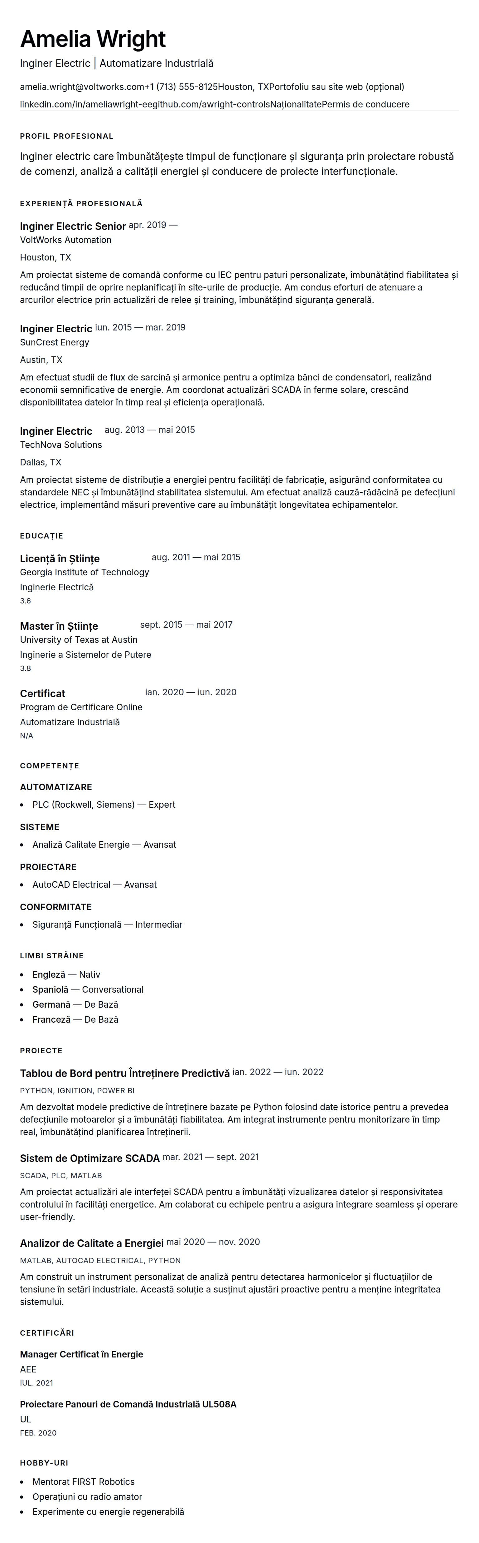 Previzualizare CV pentru Exemplu de CV pentru Inginer Electric