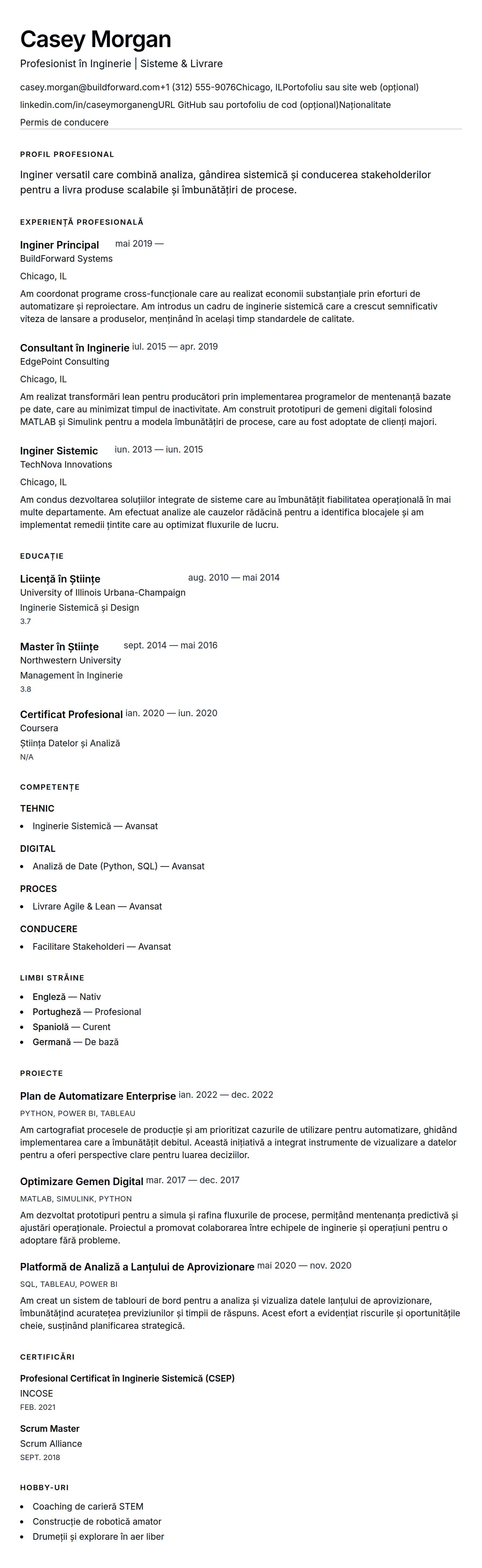 Exemplu de CV pentru Inginerie