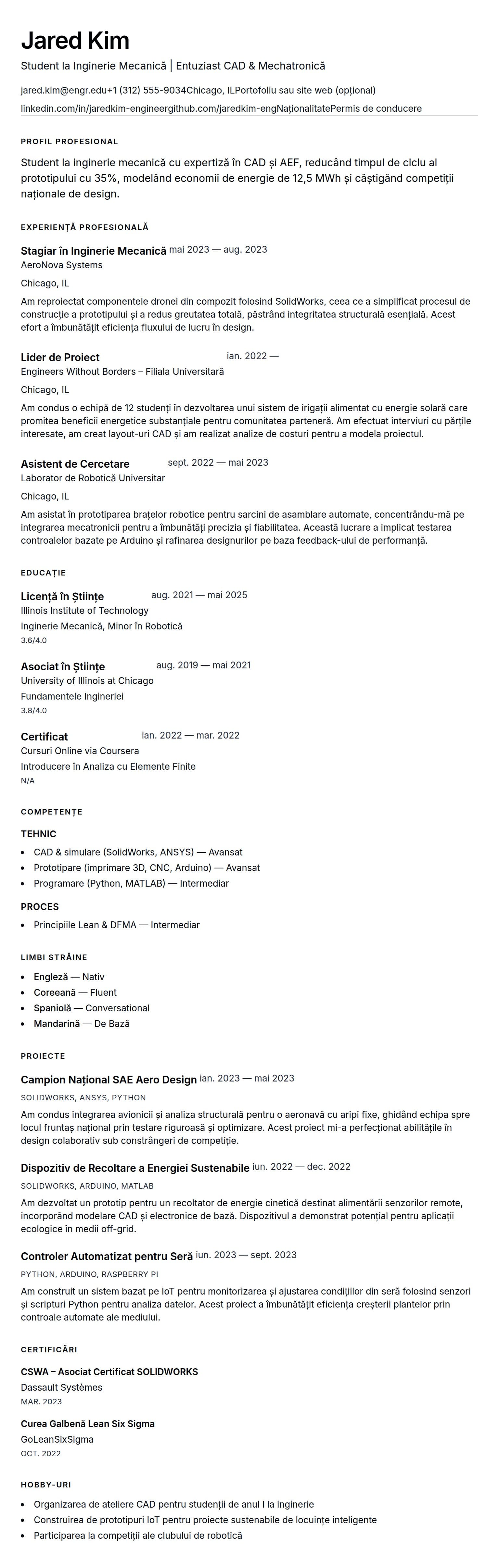 Previzualizare CV pentru Exemplu de CV pentru Student la Inginerie