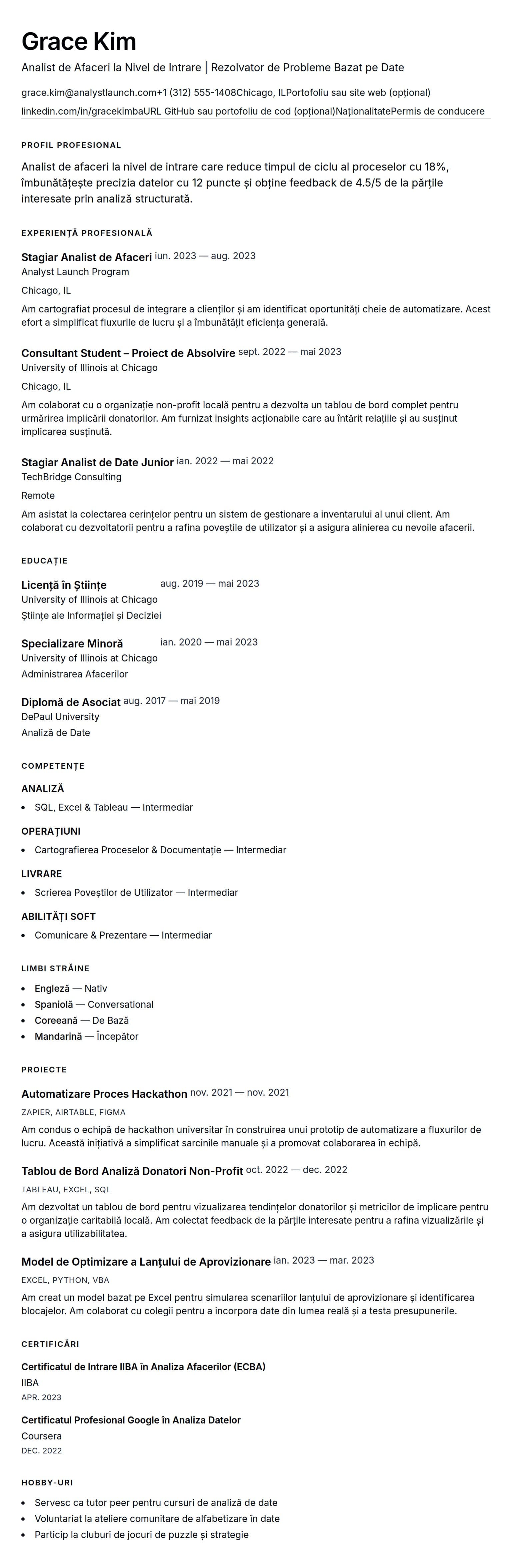 Previzualizare CV pentru Exemplu de CV pentru Analist de Afaceri la Nivel de Intrare