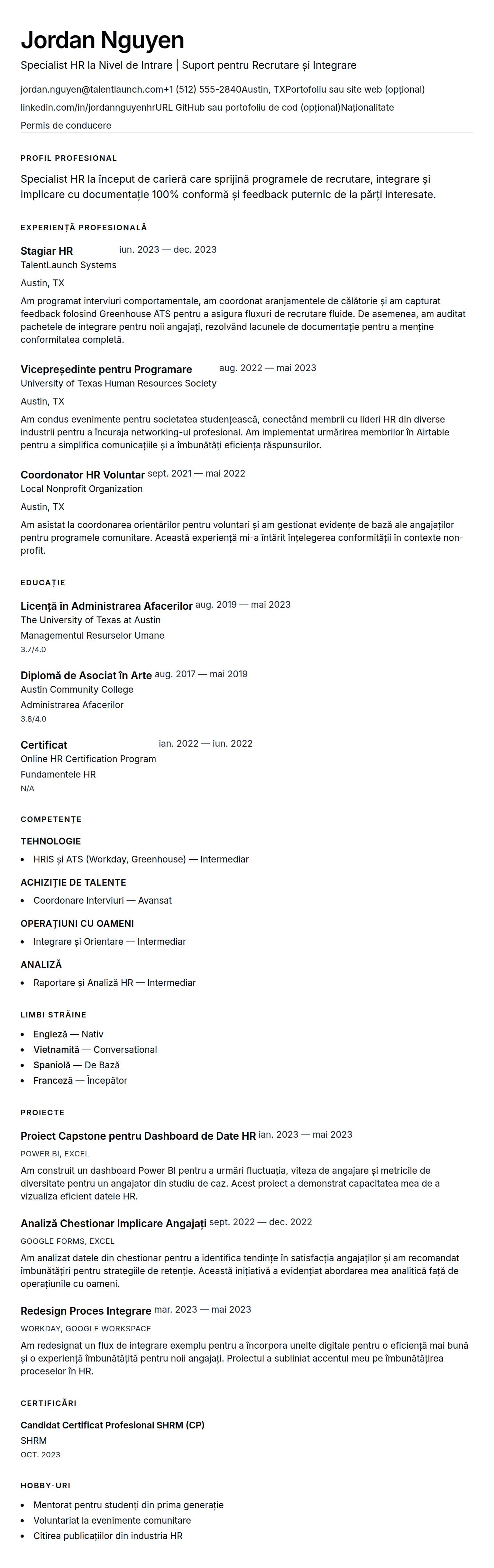 Previzualizare CV pentru Exemplu de CV pentru Specialist în Resurse Umane la Nivel de Intrare
