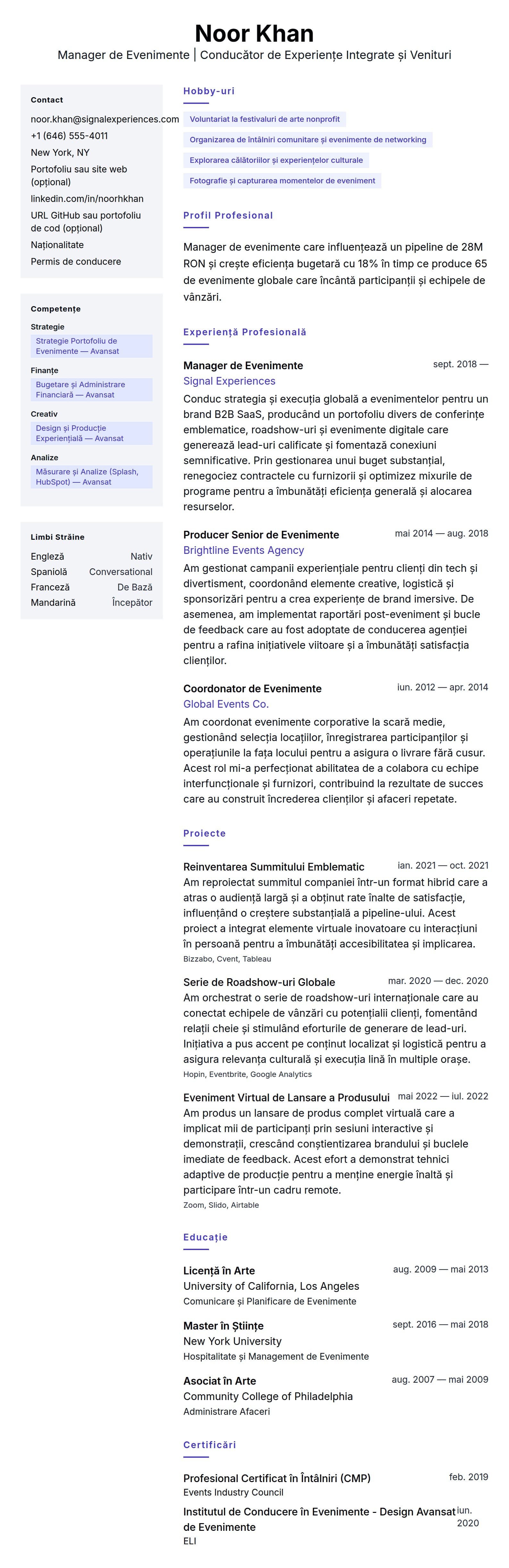 Previzualizare CV pentru Exemplu de CV pentru Manager de Evenimente