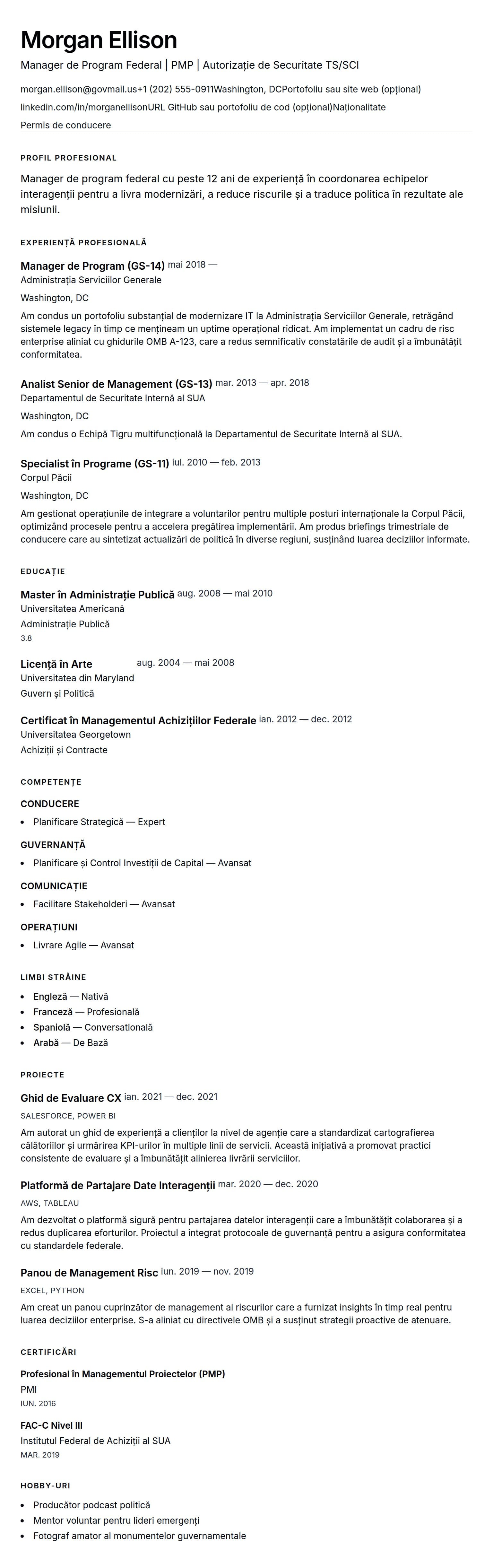Exemplu de CV pentru Angajat Federal