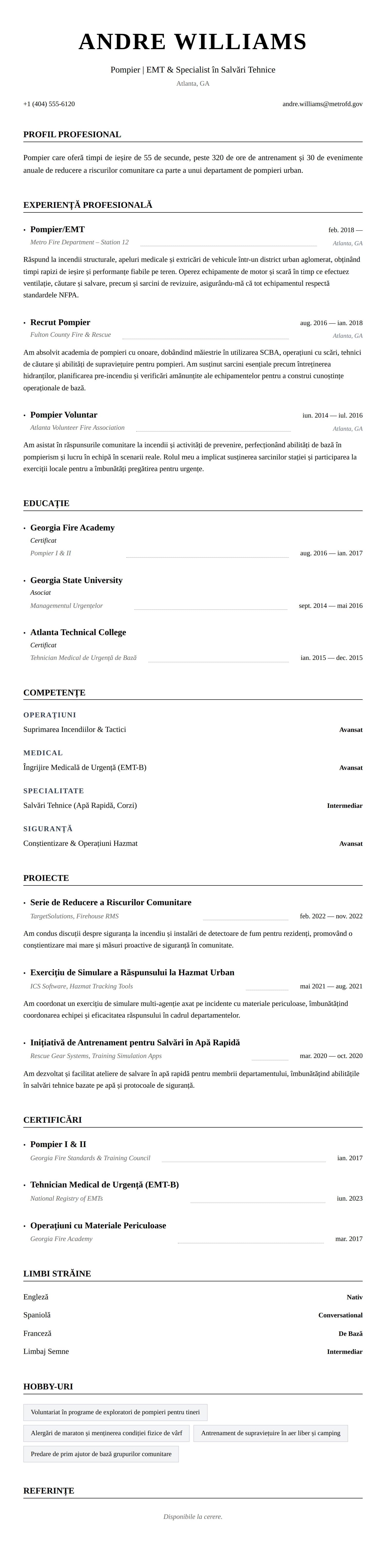 Previzualizare CV pentru Exemplu de CV pentru Pompier