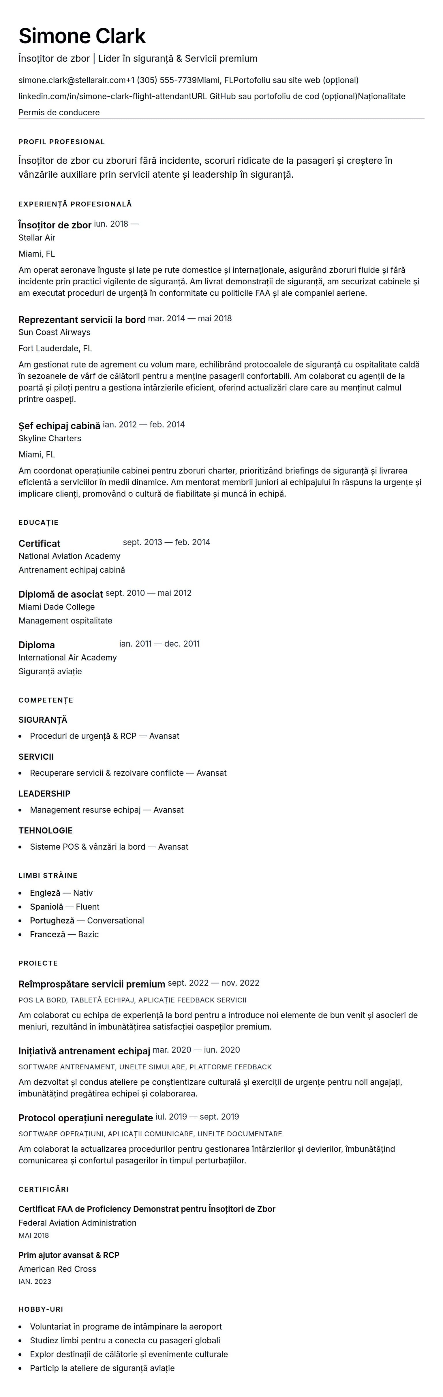 Exemplu de CV pentru Însoțitor de zbor