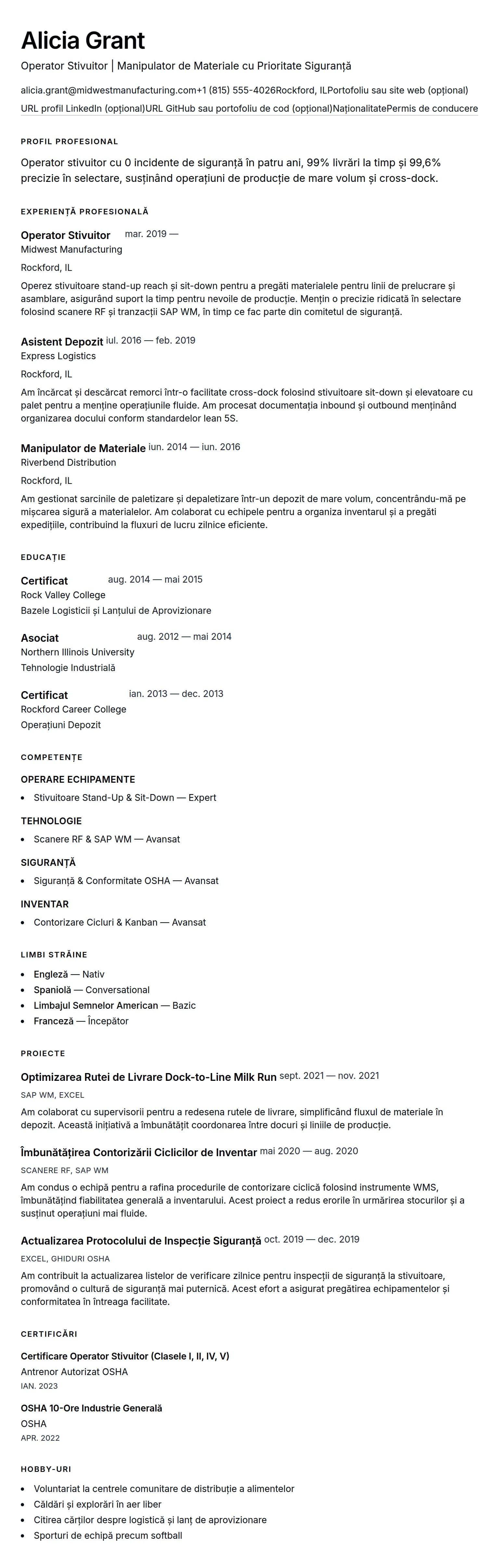 Previzualizare CV pentru Exemplu de CV pentru Operator Stivuitor