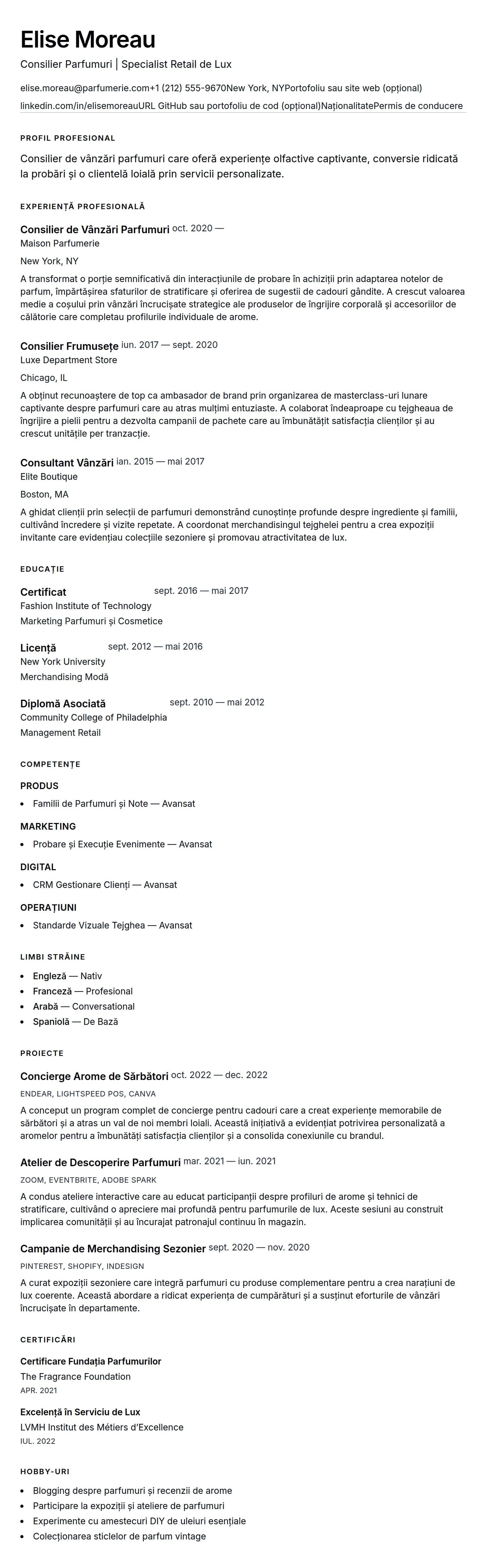 Exemplu de CV pentru Consilier de Vânzări Parfumuri
