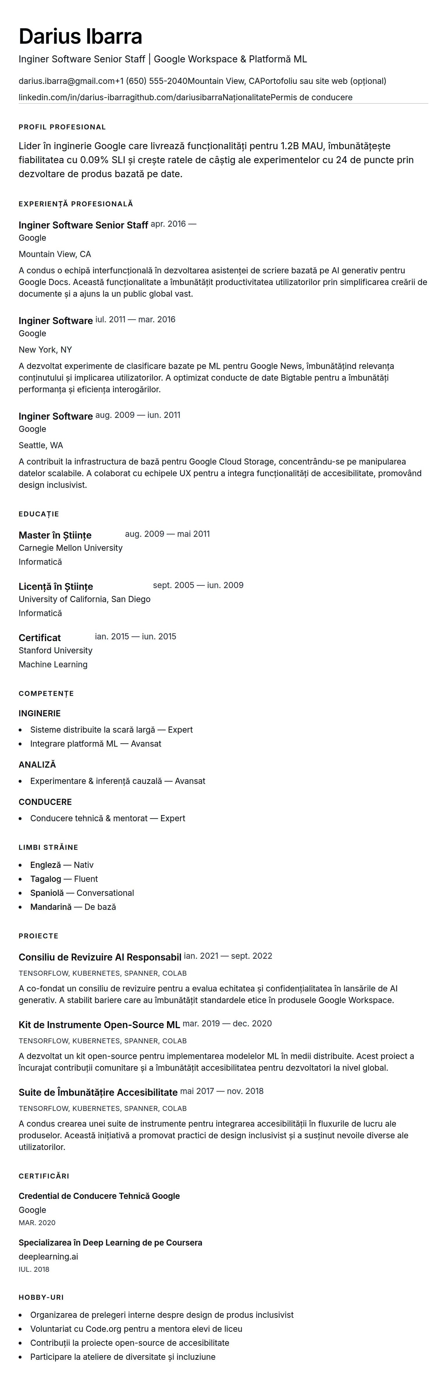 Exemplu de CV Google