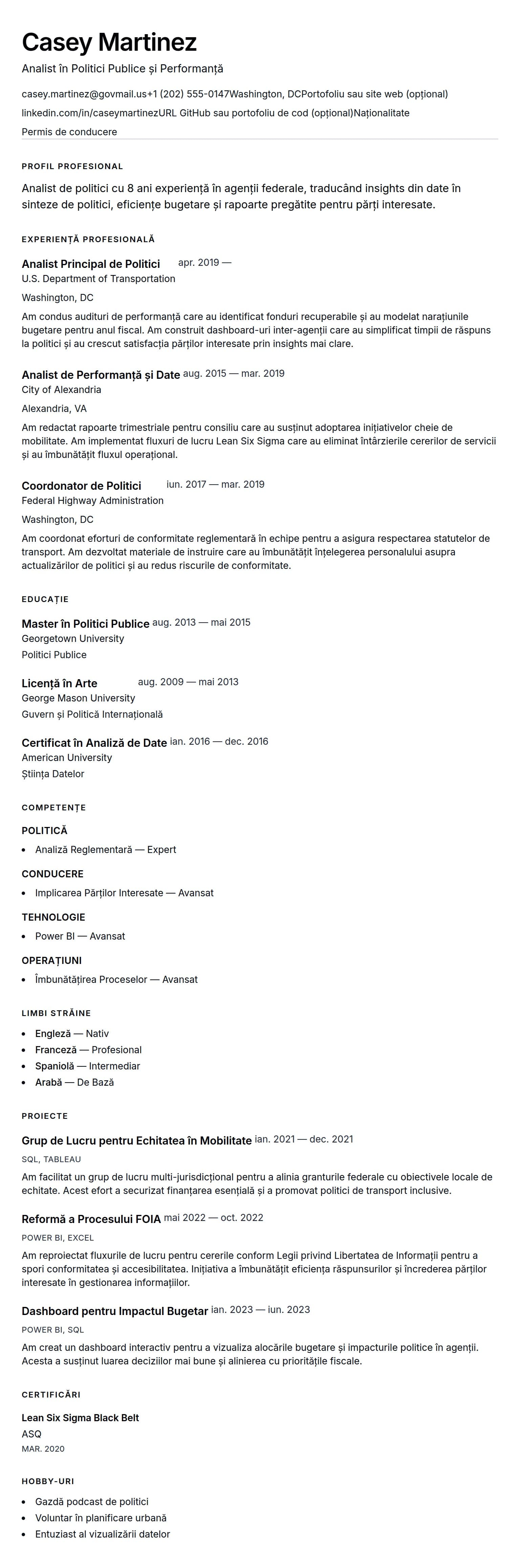 Previzualizare CV pentru Exemplu de CV pentru Analist Guvernamental