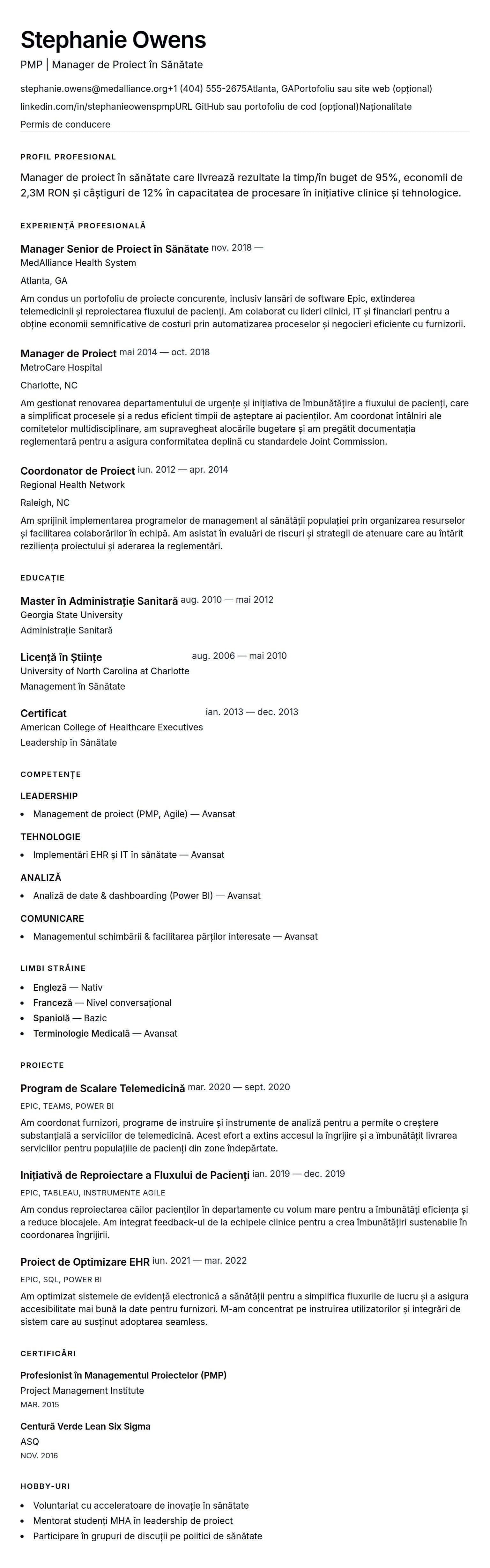 Previzualizare CV pentru Exemplu de CV pentru Manager de Proiect în Sănătate