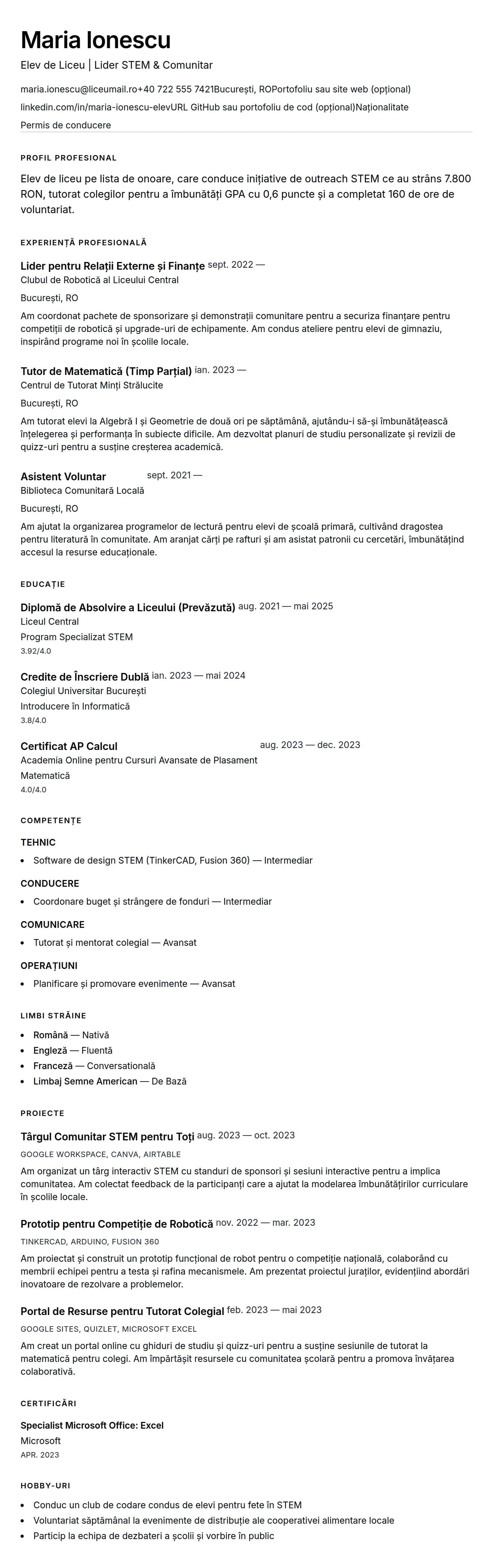 Previzualizare CV pentru Exemplu de CV pentru Elev de Liceu