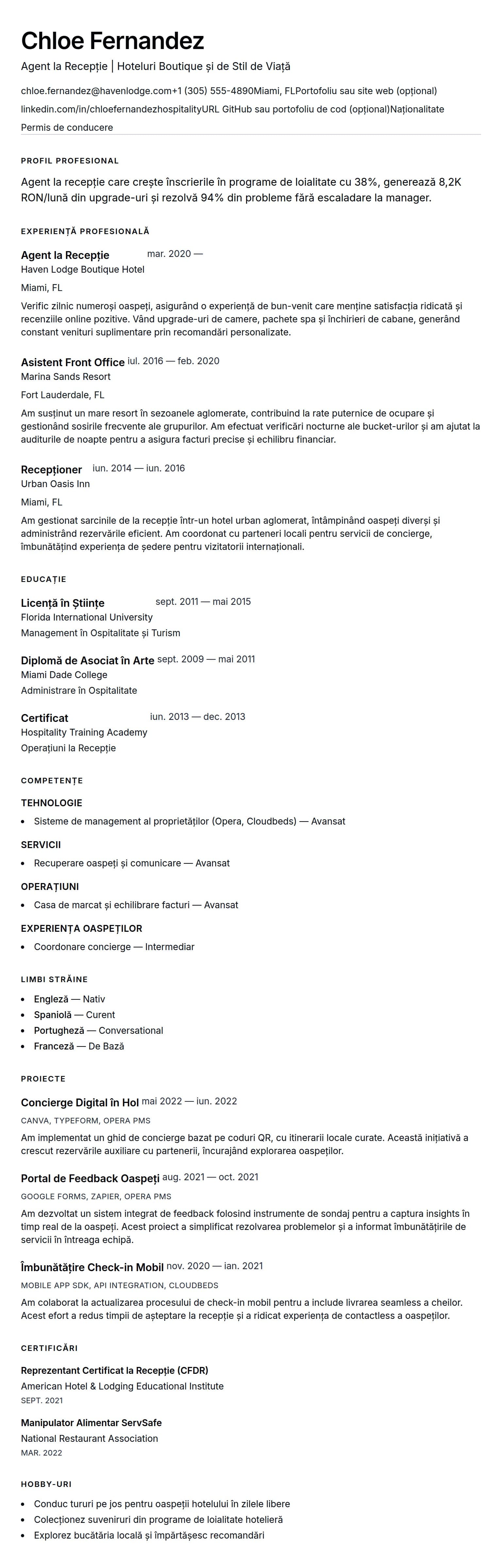 Exemplu de CV pentru Angajat la Recepția Hotelului