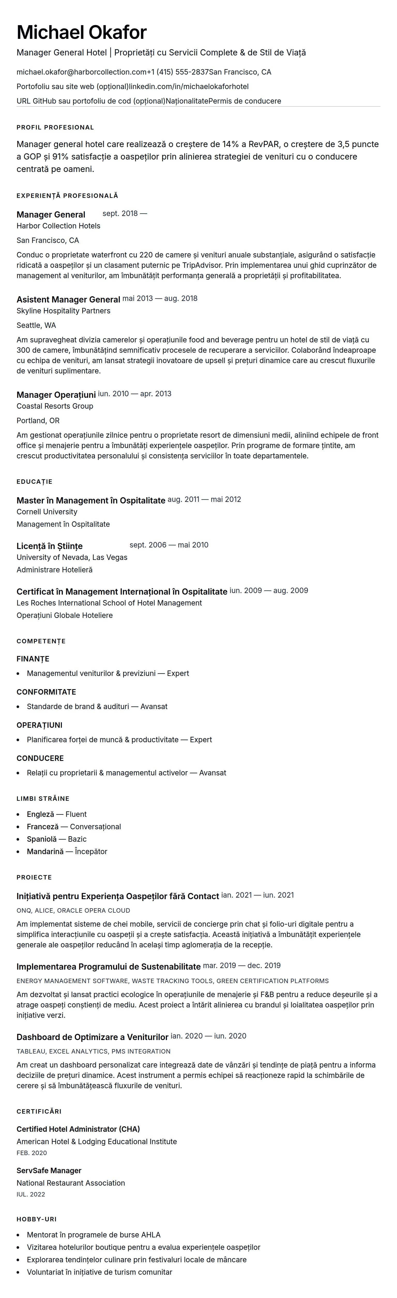 Previzualizare CV pentru Exemplu de CV pentru Management Hotelier