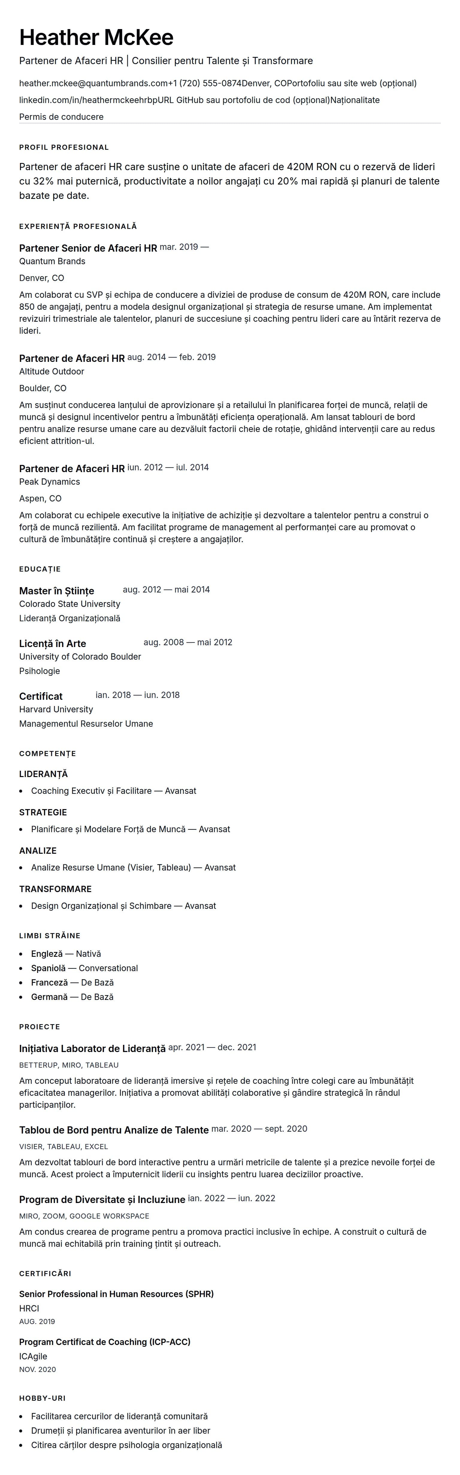 Exemplu de CV pentru Partener de Afaceri HR