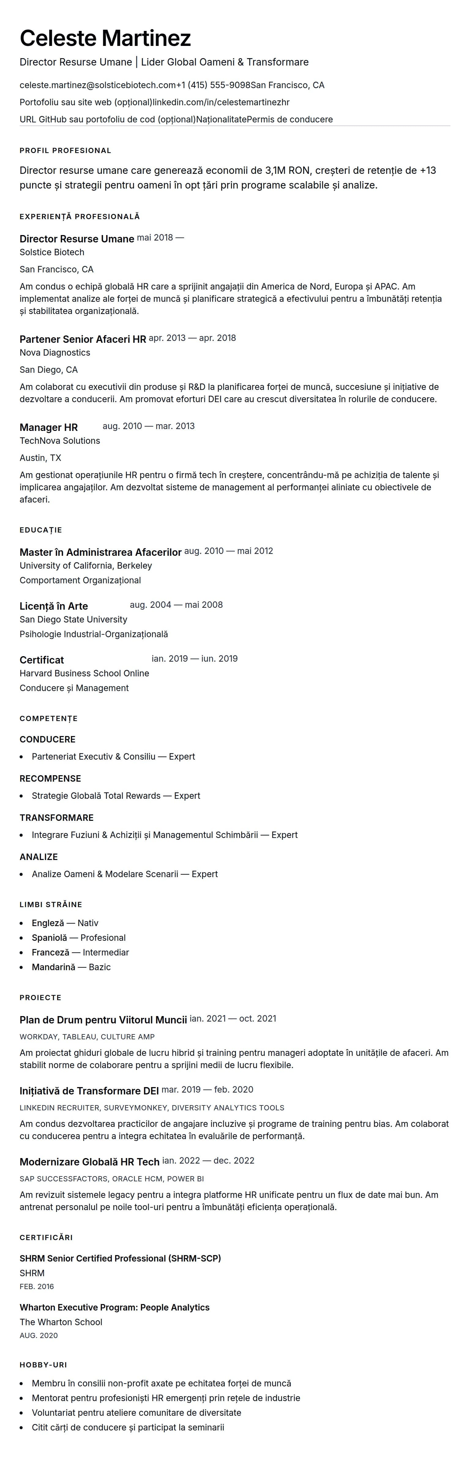 Exemplu de CV Director Resurse Umane