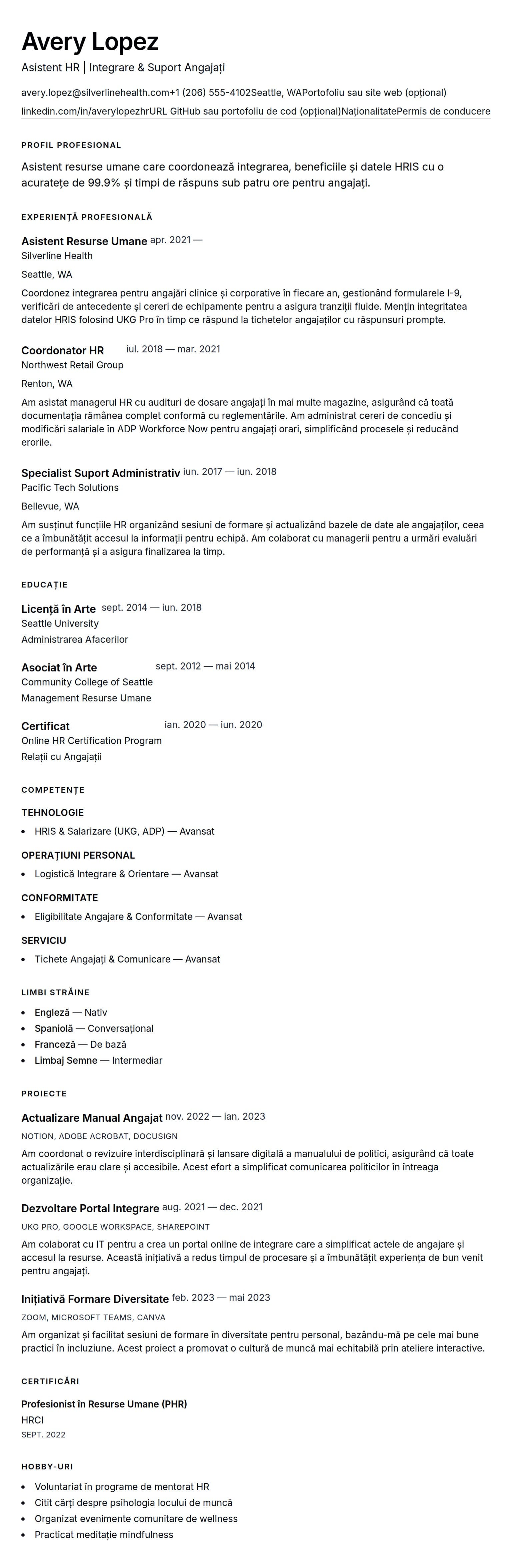 Previzualizare CV pentru Exemplu de CV Asistent Resurse Umane