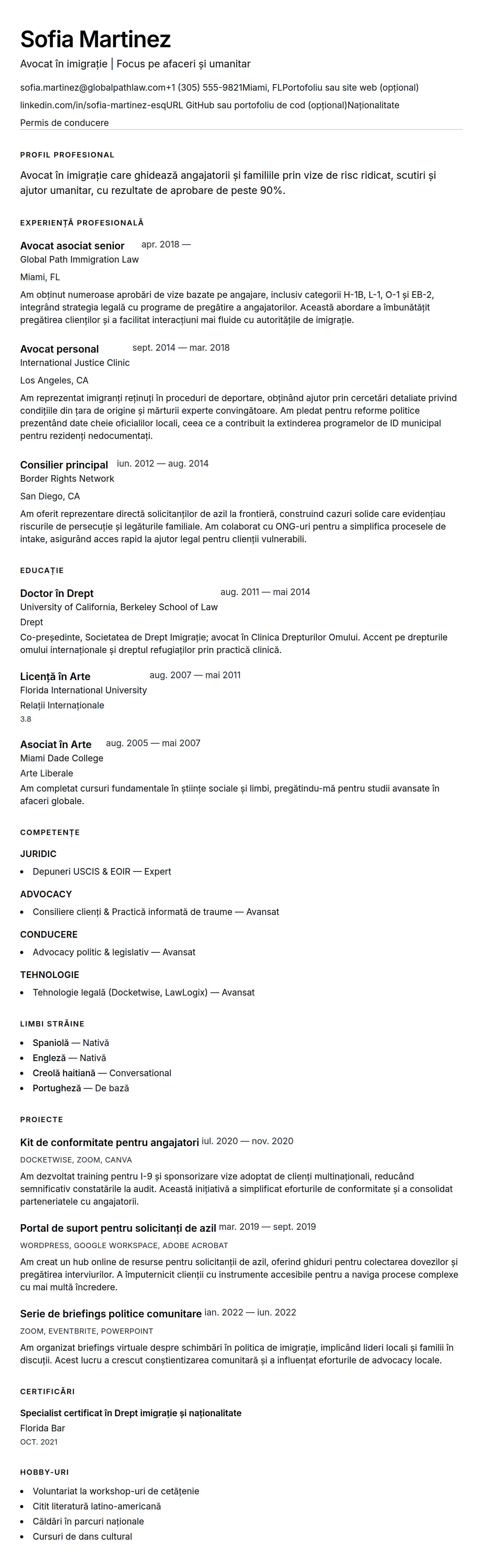 Exemplu de CV pentru avocat în imigrație