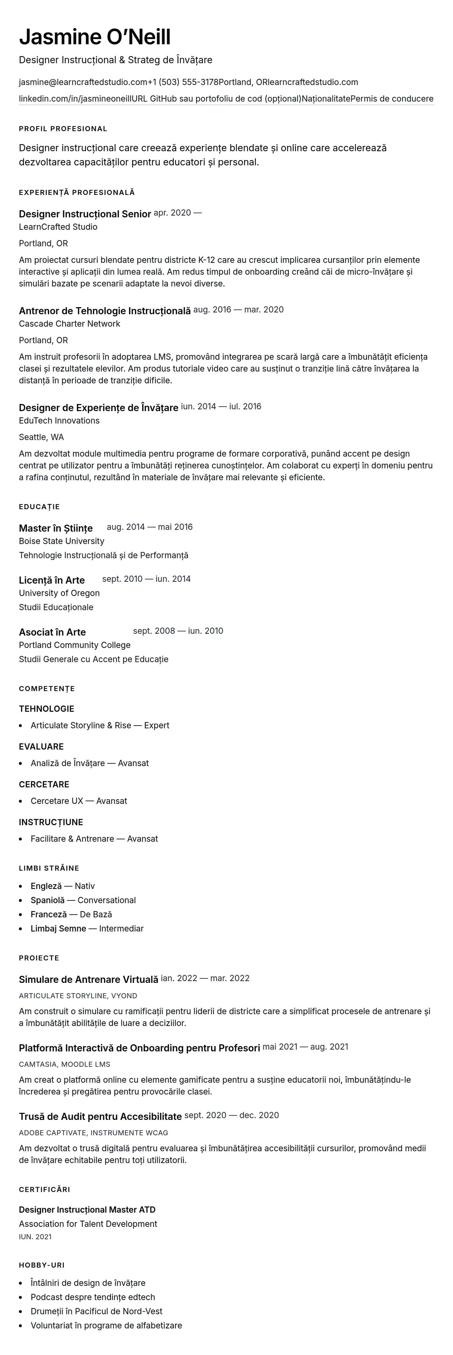 Previzualizare CV pentru Exemplu de CV pentru Designer Instrucțional