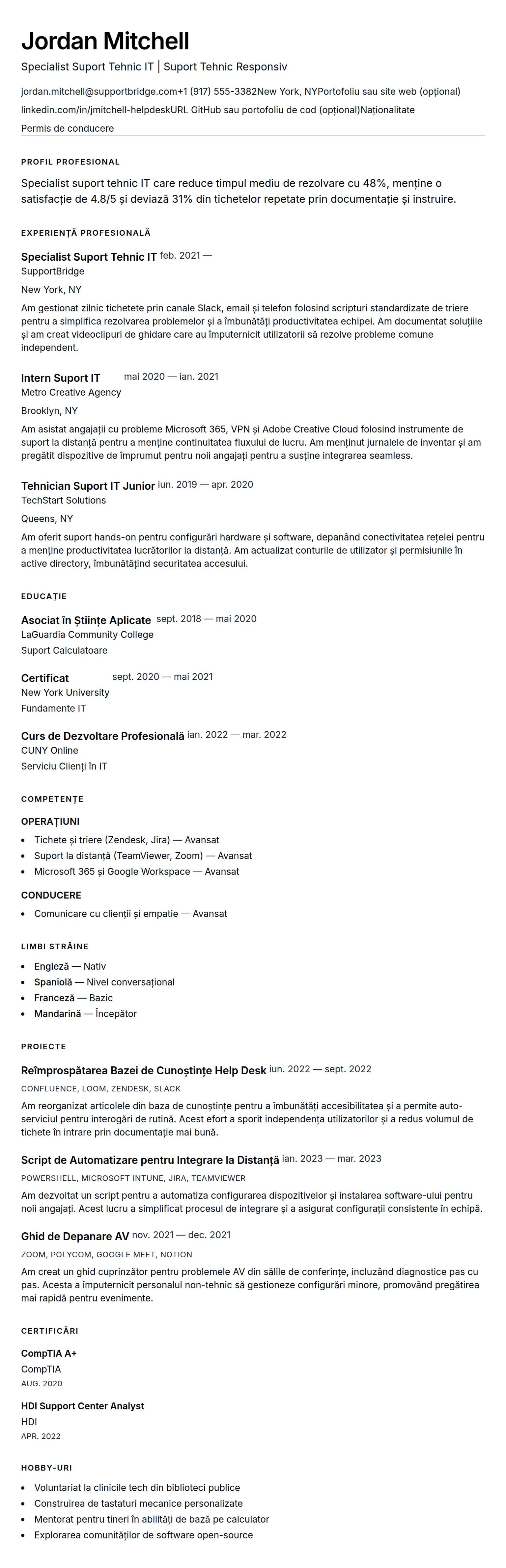 Previzualizare CV pentru Exemplu de CV pentru Suport Tehnic IT