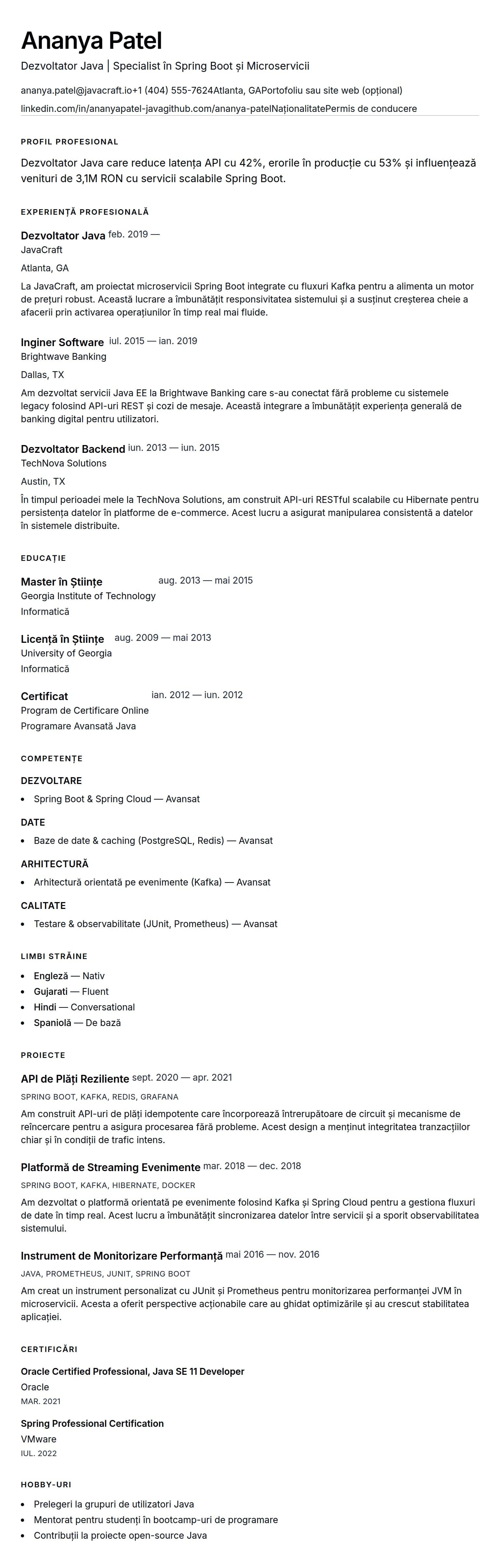Exemplu de CV pentru Dezvoltator Java