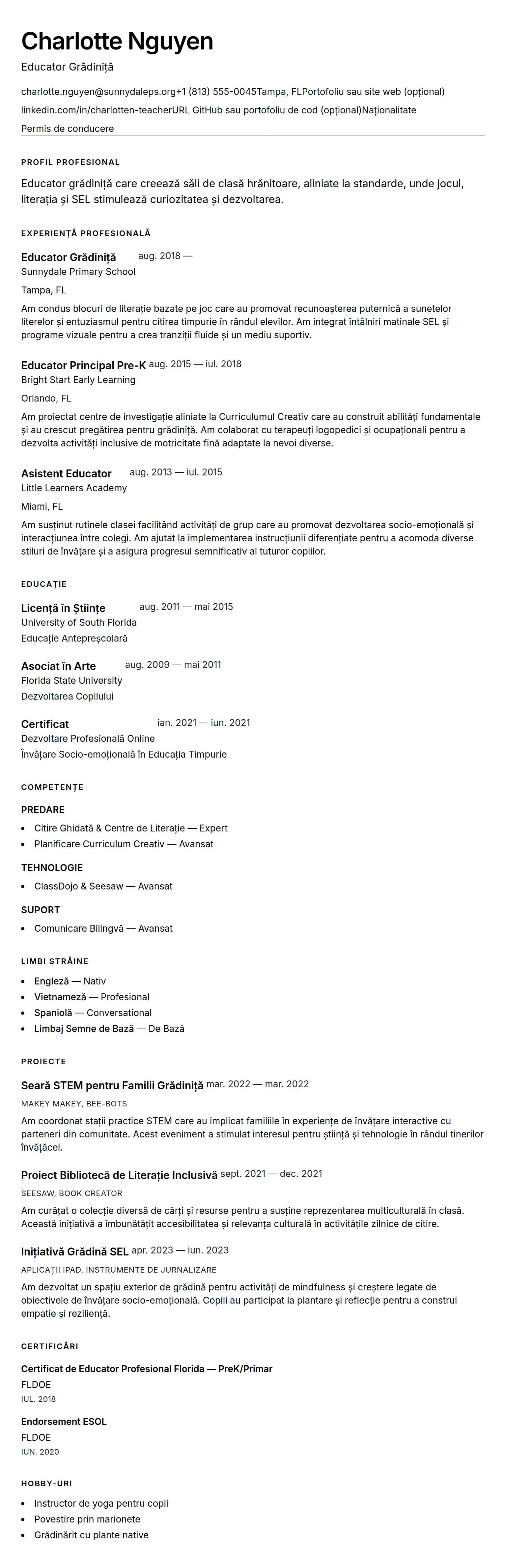 Exemplu de CV pentru Educator Grădiniță