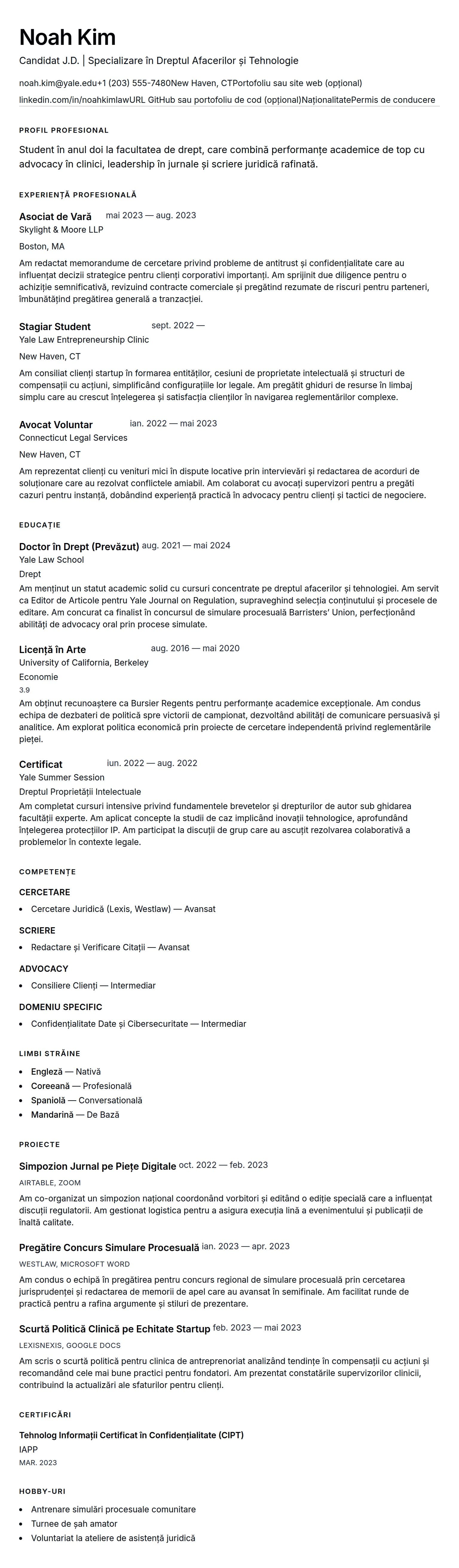 Exemplu de CV pentru Student la Facultatea de Drept
