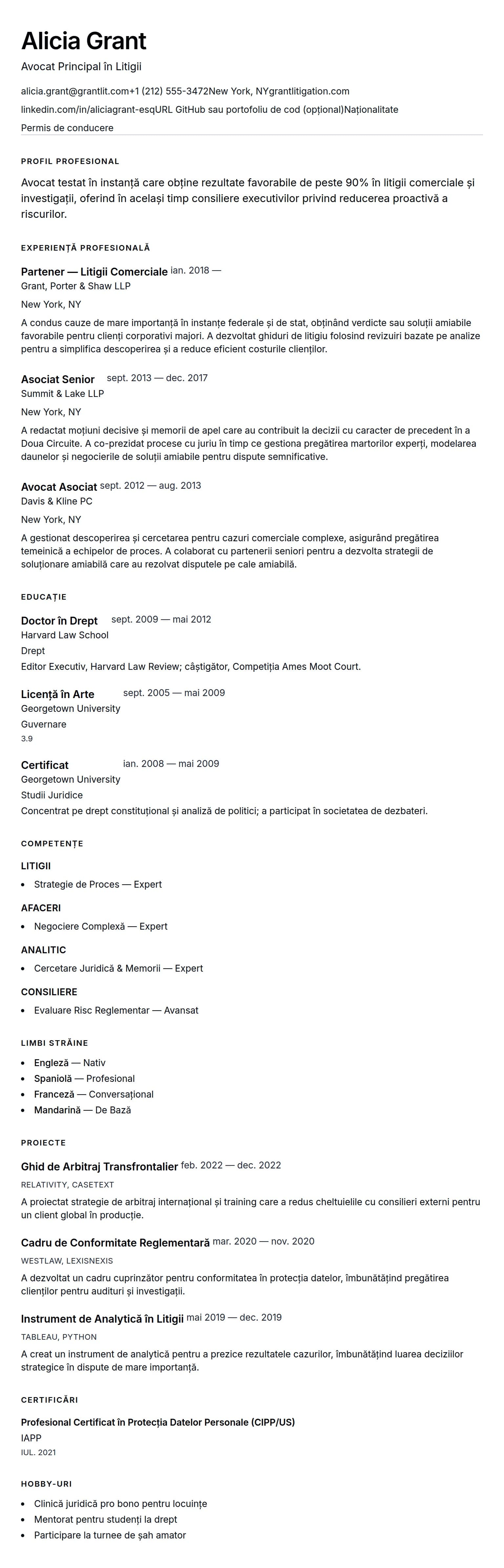 Previzualizare CV pentru Exemplu de CV pentru Avocat