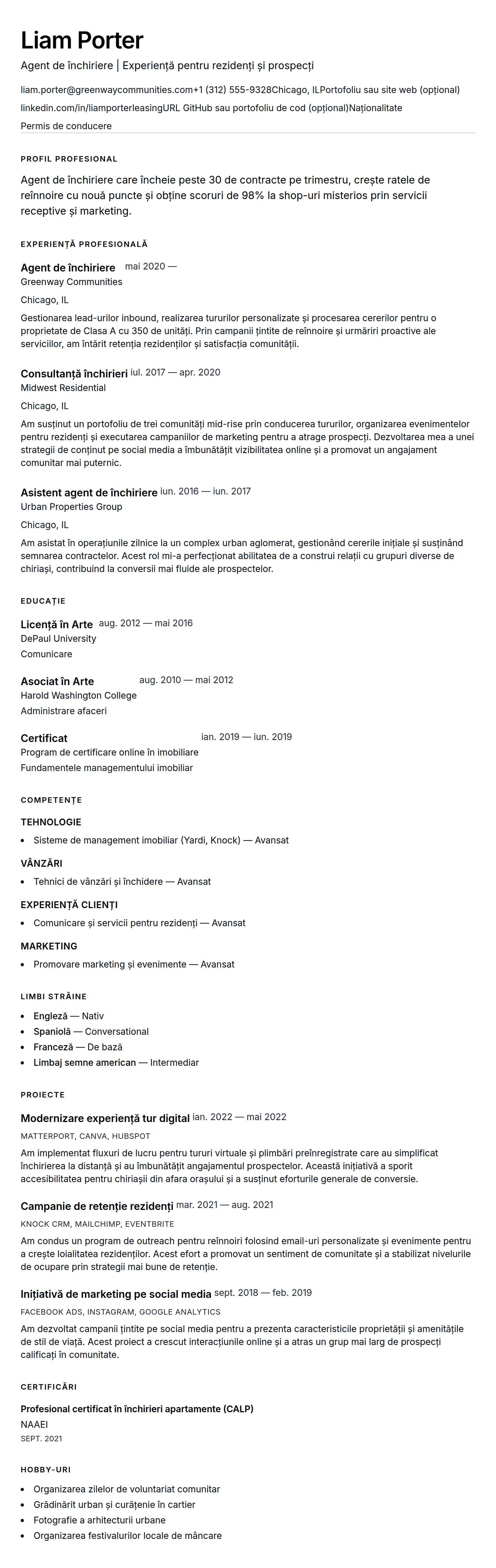 Exemplu de CV pentru Agent de închiriere
