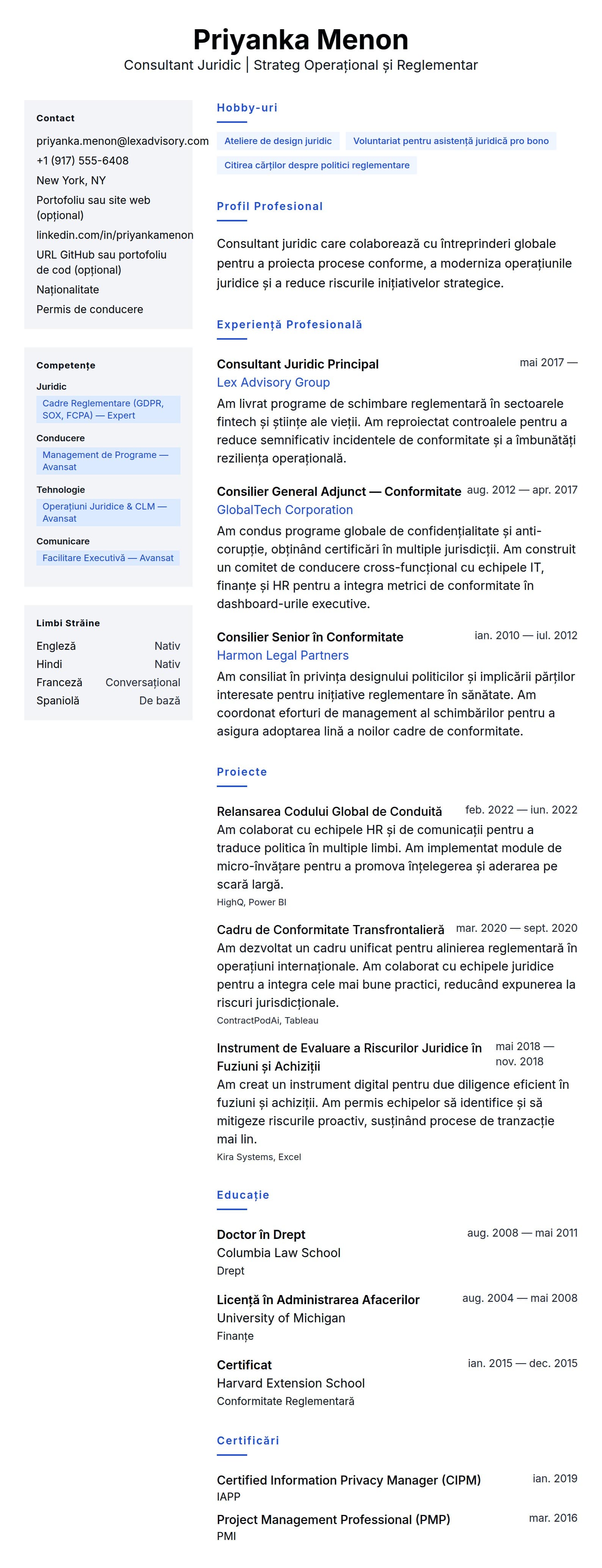 Previzualizare CV pentru Exemplu de CV pentru Consultant Juridic